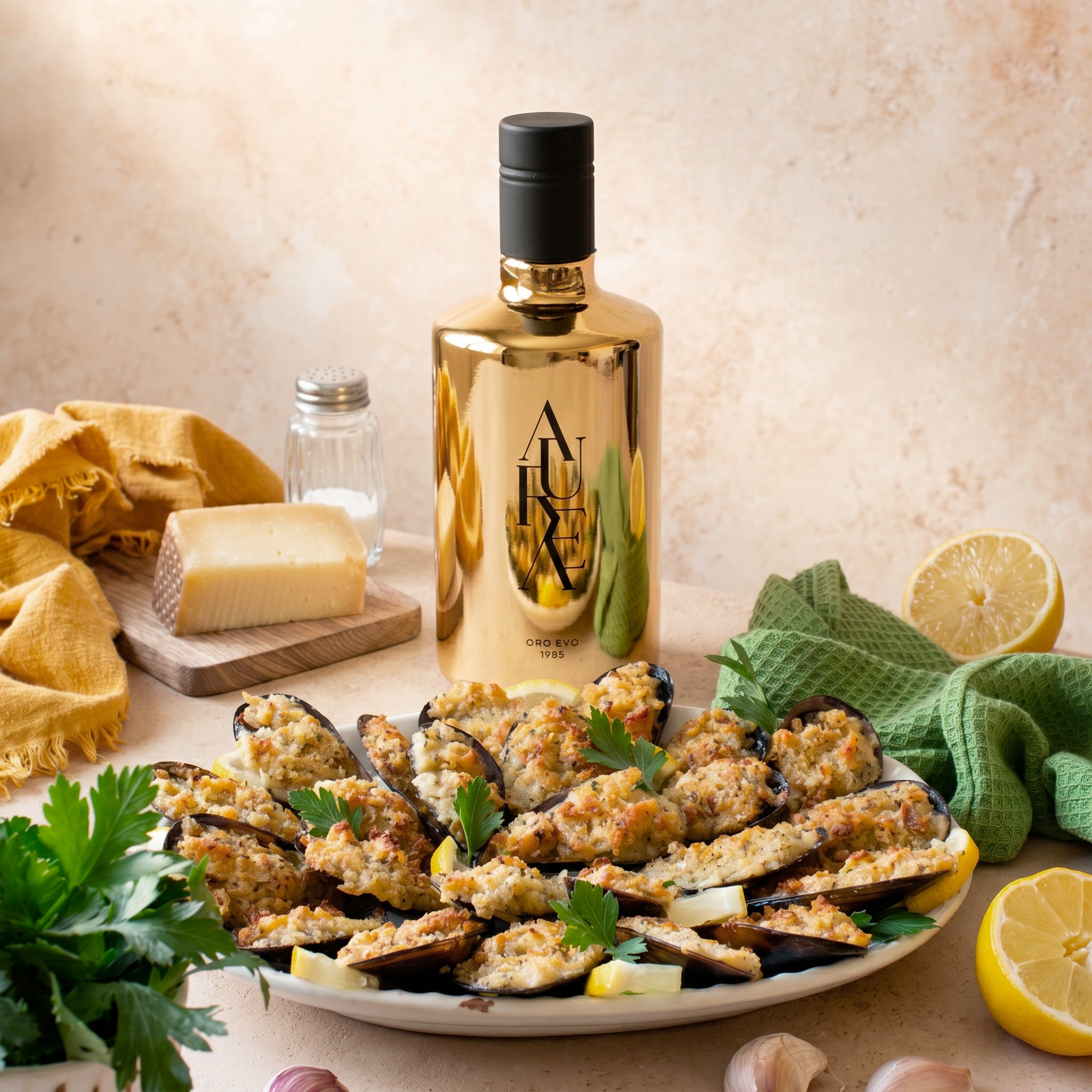 Bottiglia dorata di olio extravergine Aurea. Oleificio Fratelli Vieste, Vieste sul Gargano