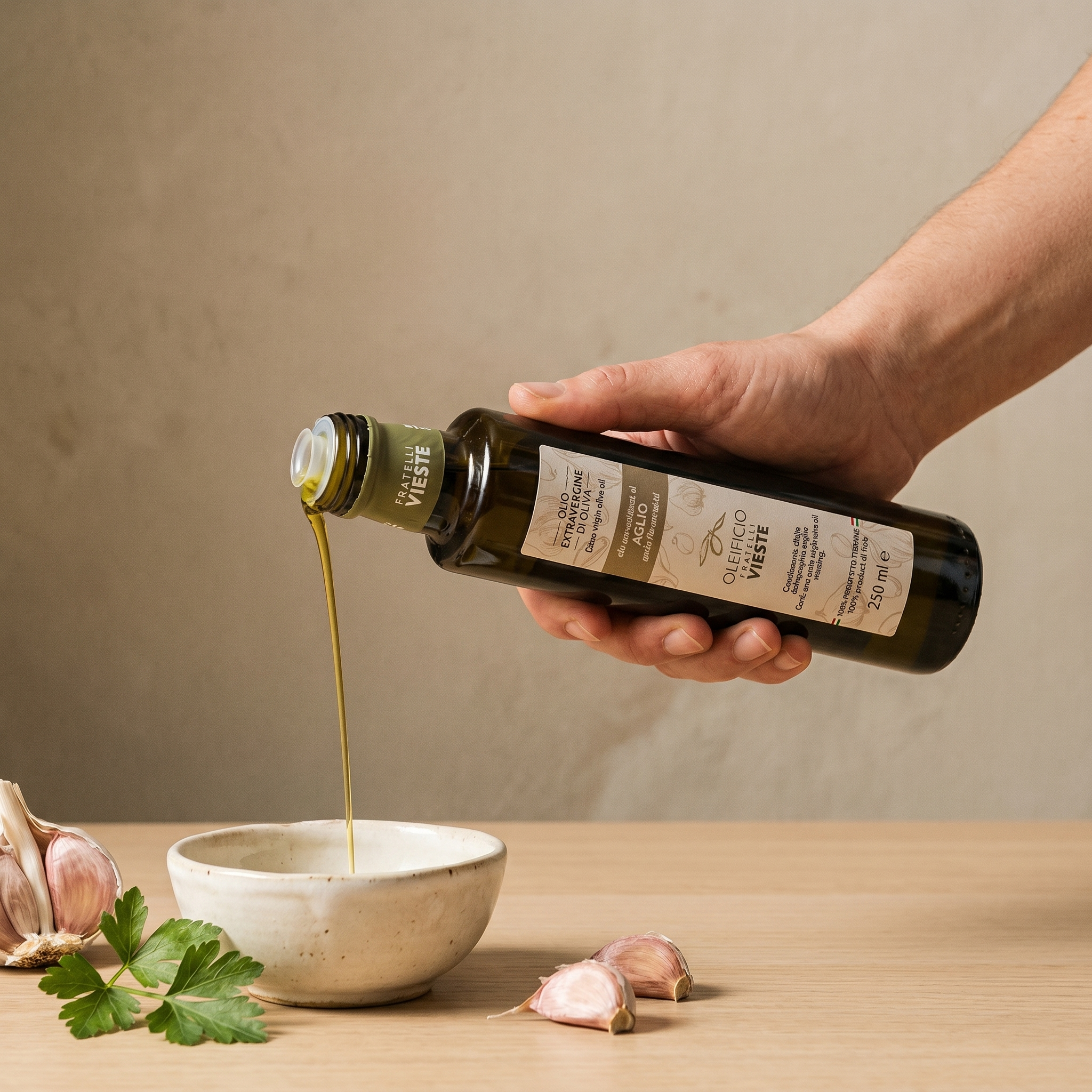 Olio aromatizzato all'aglio del Gargano versato su un piatto. Oleificio Fratelli Vieste