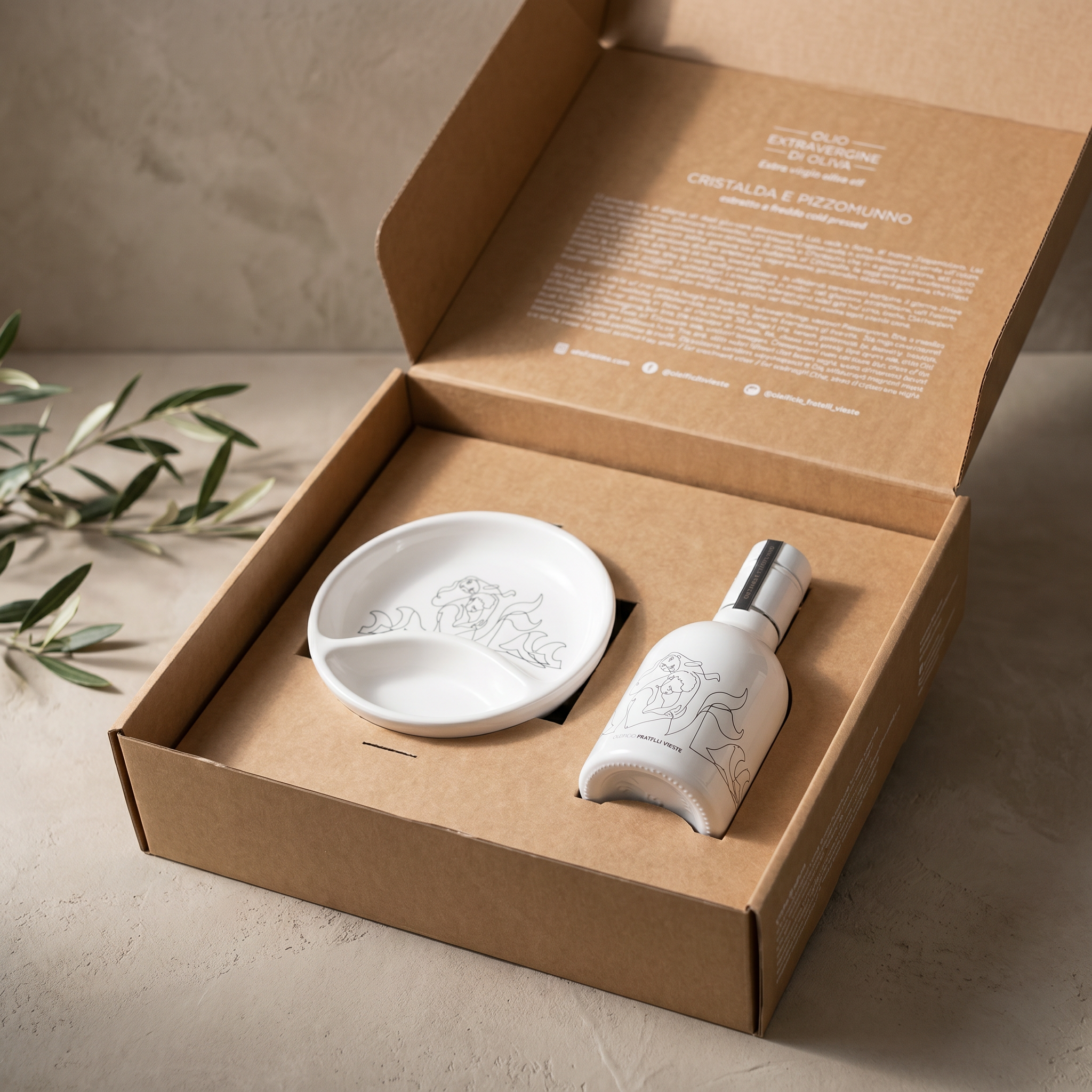 Confezione regalo degustazione Cristalda e Pizzomunno presentata come idea regalo. Oleificio Fratelli Vieste