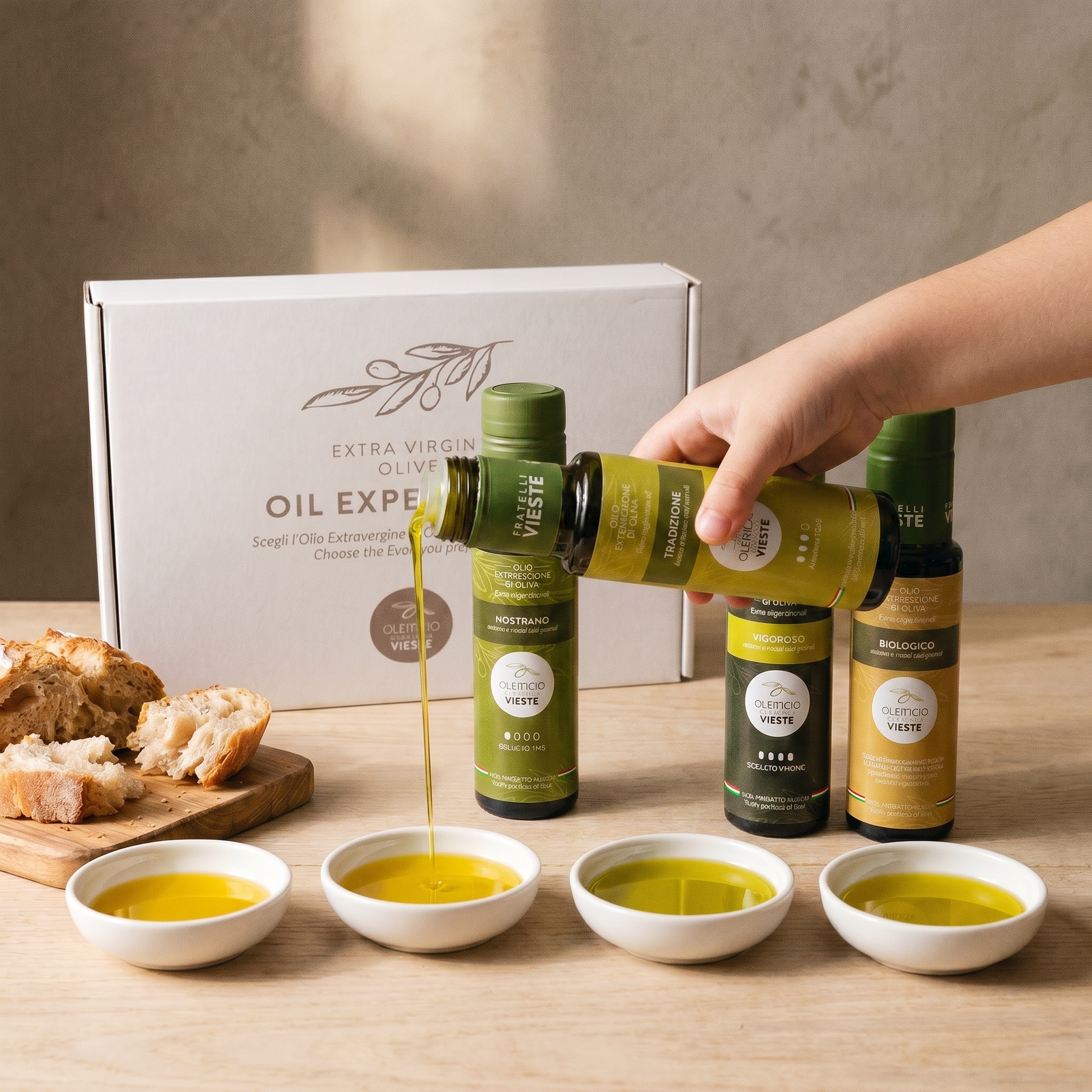 Confezione regalo Oil Experience presentata come idea regalo. Oleificio Fratelli Vieste
