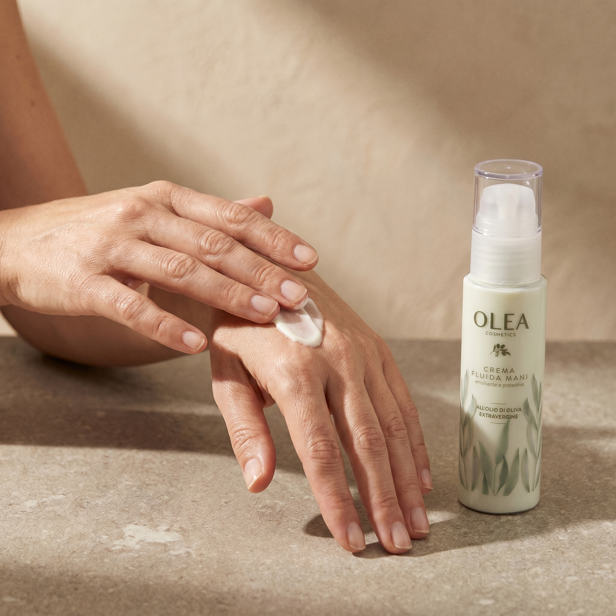 Crema fluida mani Olea Cosmetic applicata sulla mano. Oleificio Fratelli Vieste
