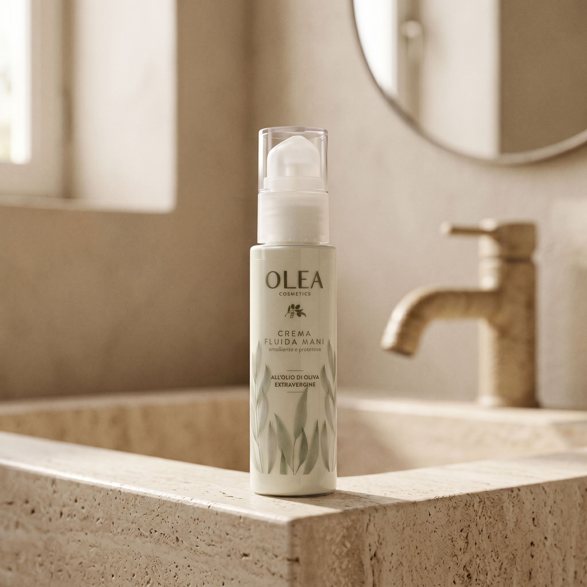 Crema fluida mani Olea Cosmetic, gesto d'uso in ambiente bagno. Oleificio Fratelli Vieste