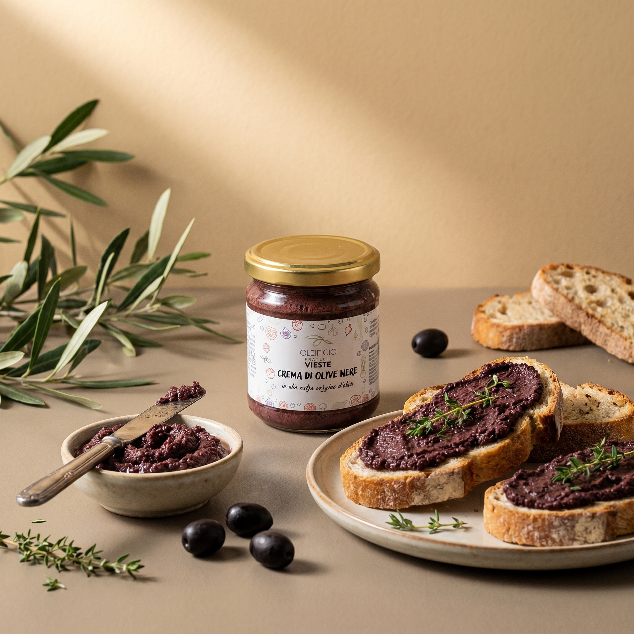 Dettaglio della crema di olive nere in olio extravergine. Oleificio Fratelli Vieste