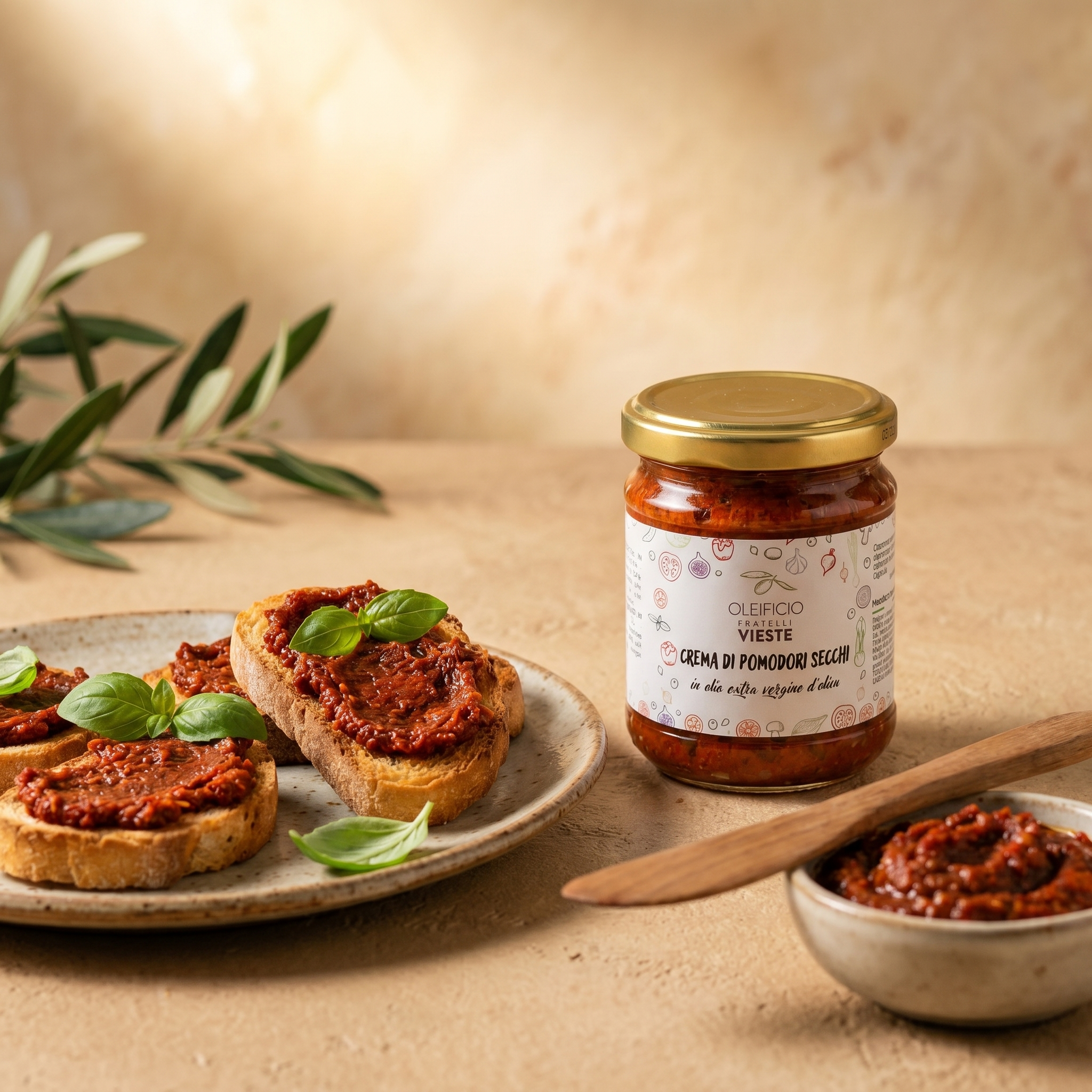 Dettaglio della crema di pomodori secchi in olio extravergine. Oleificio Fratelli Vieste