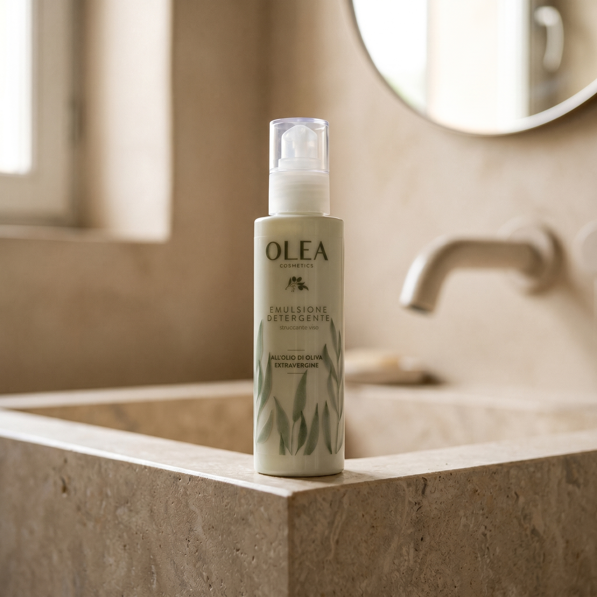 Emulsione detergente struccante viso Olea Cosmetic, gesto d'uso in ambiente bagno. Oleificio Fratelli Vieste
