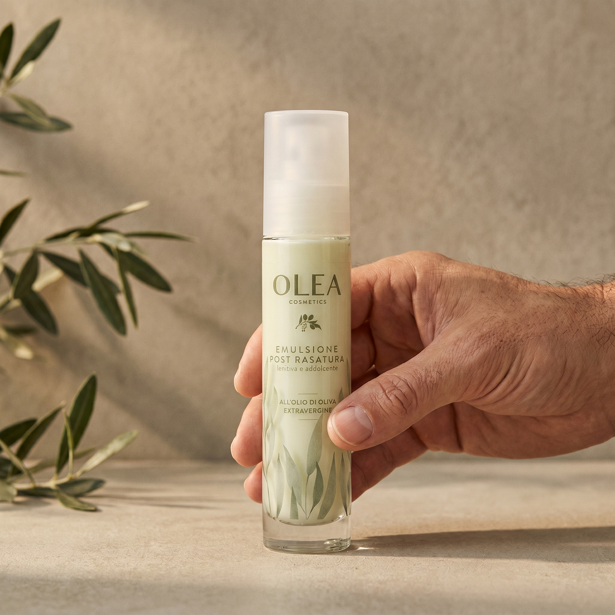 Emulsione post rasatura Olea Cosmetic tenuta in mano. Oleificio Fratelli Vieste