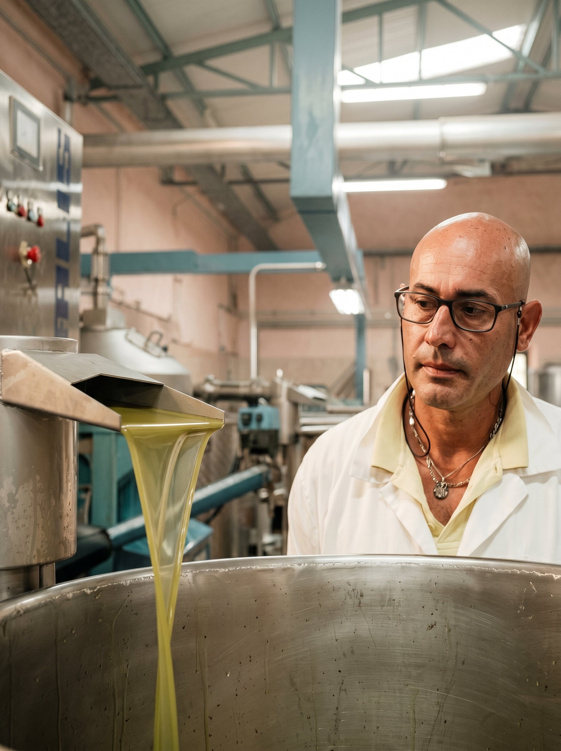 Estrazione a freddo nel frantoio: olio extravergine appena franto che cola nella vasca d'acciaio