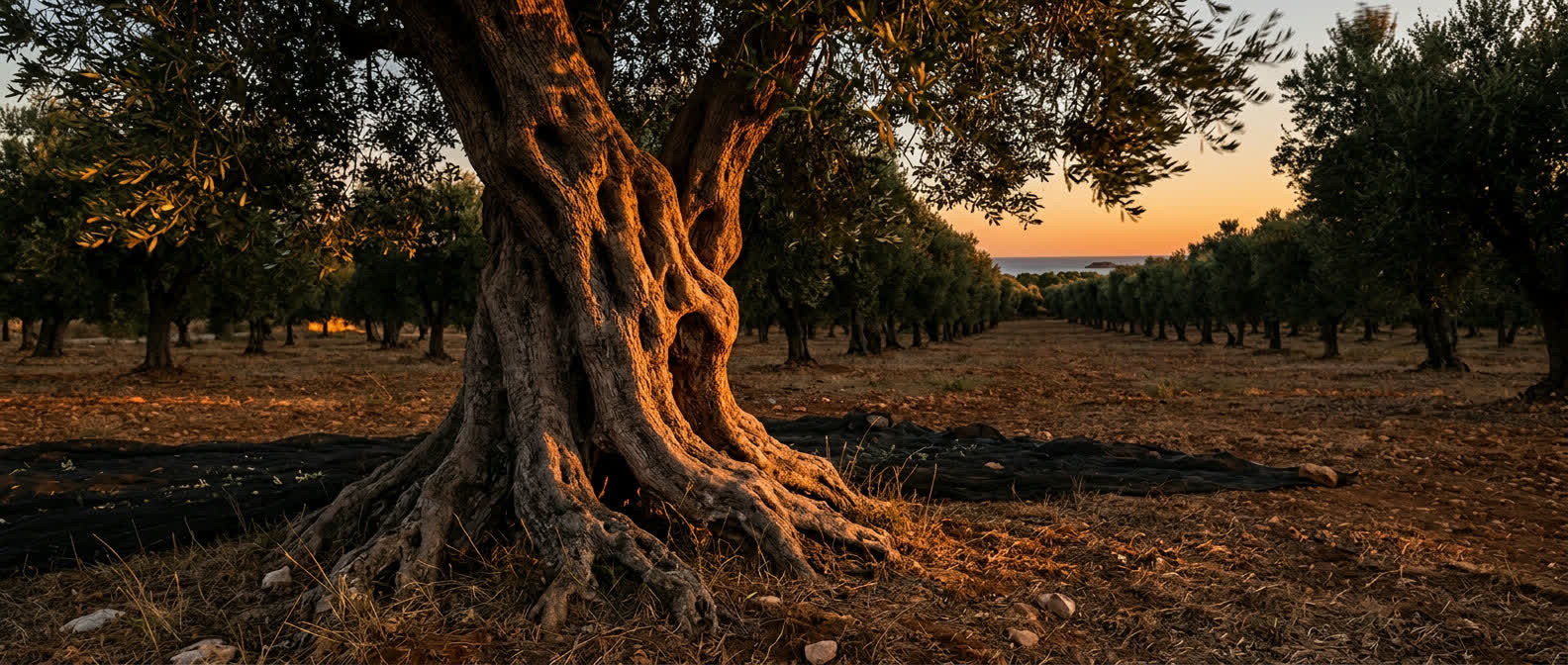 Ulivo secolare in un uliveto del Gargano al tramonto, con il mare all'orizzonte