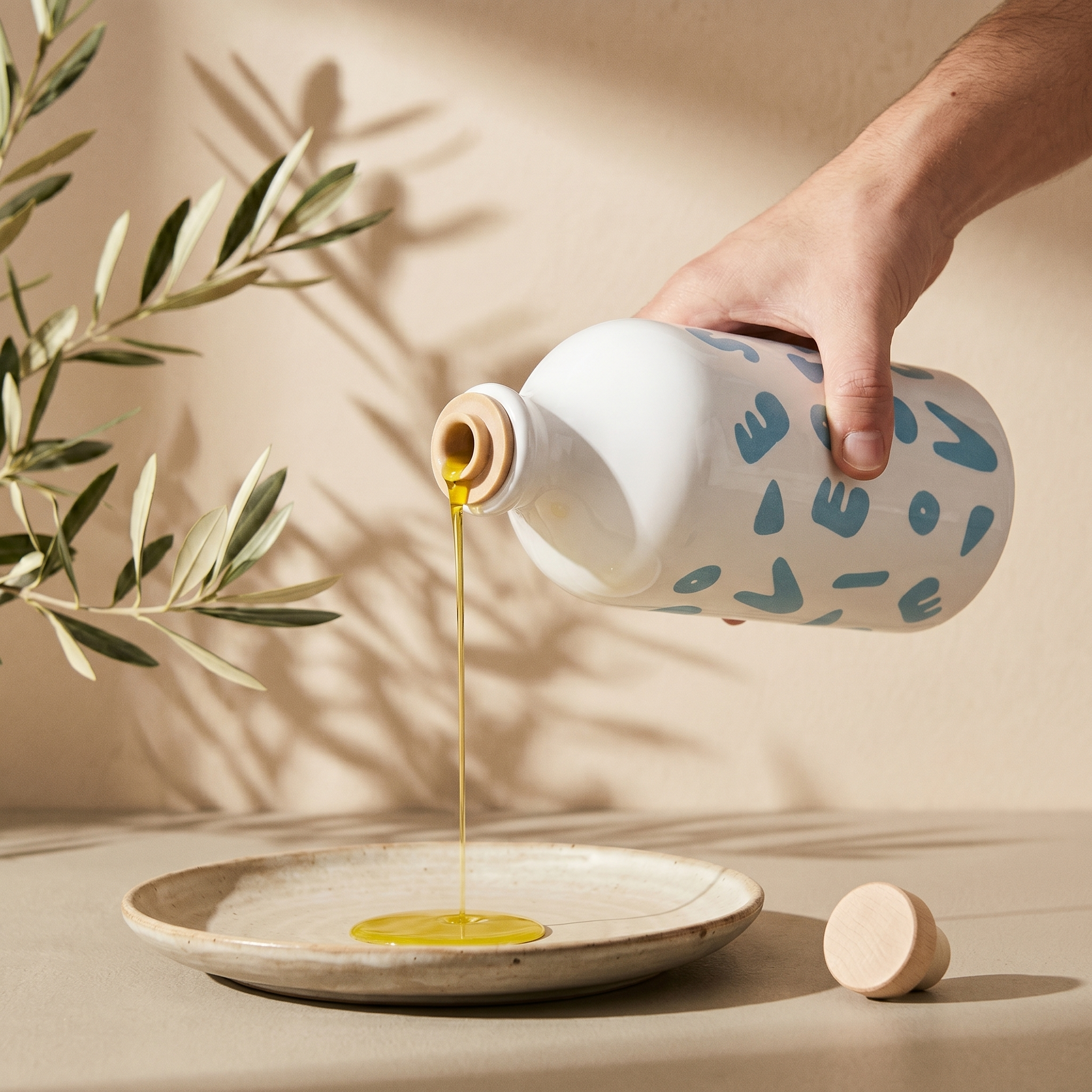 Olio extravergine di oliva versato a mano dall'Orcio Mare Colorful. Oleificio Fratelli Vieste