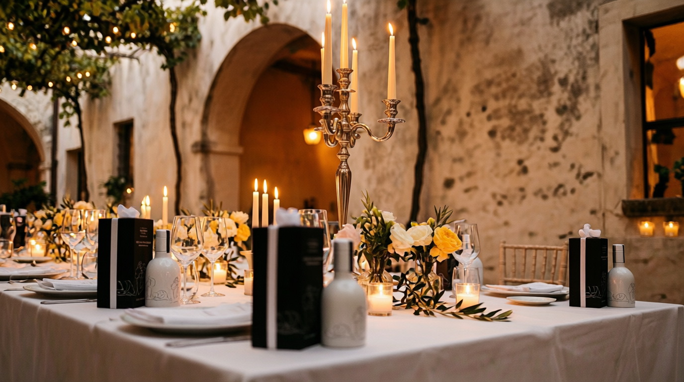 Allestimento di matrimonio elegante con candele e fiori per bomboniere Oleificio Fratelli Vieste