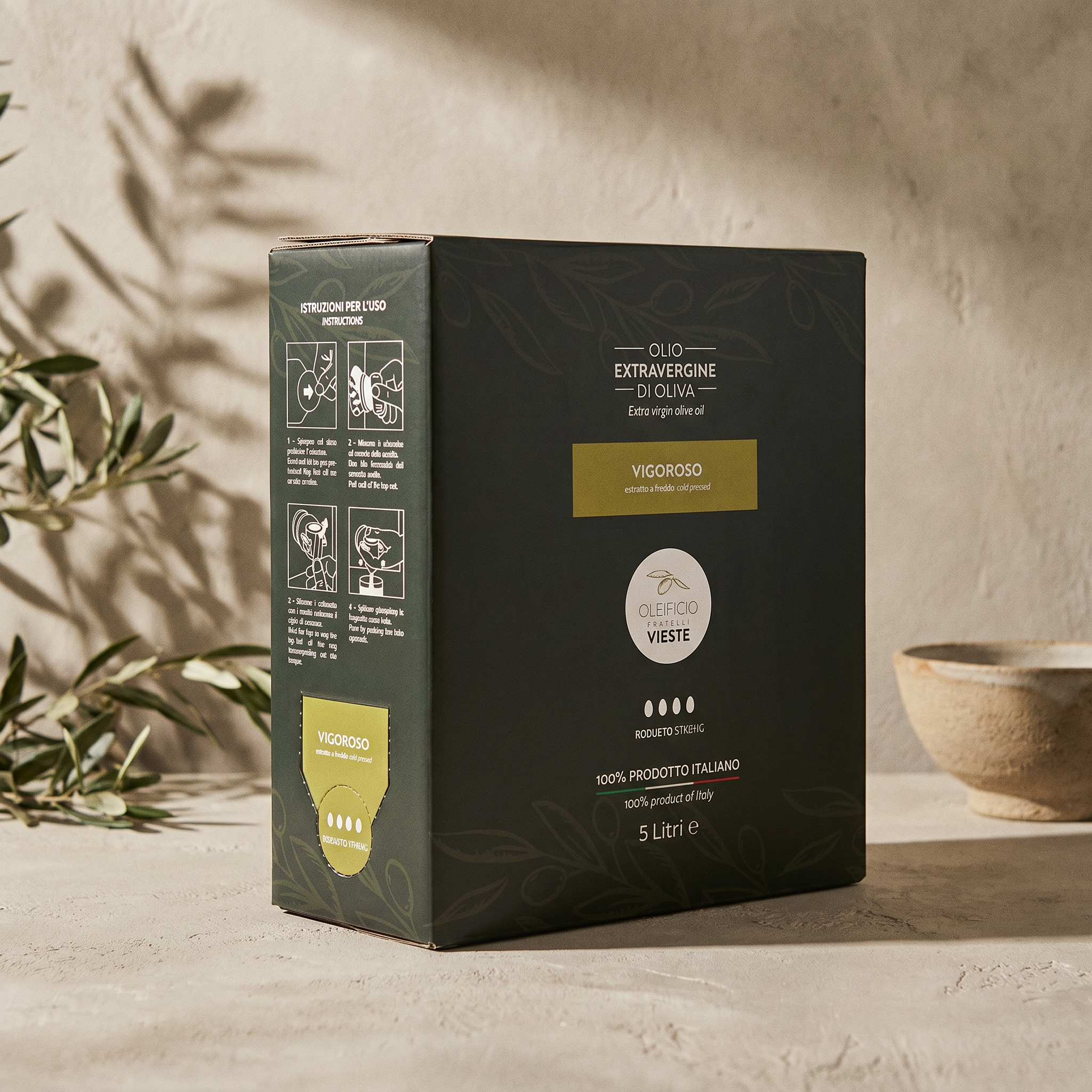 Vigoroso bag in box 5 L: olio extravergine di oliva, blend di Ogliarola Garganica e Coratina. Oleificio Fratelli Vieste