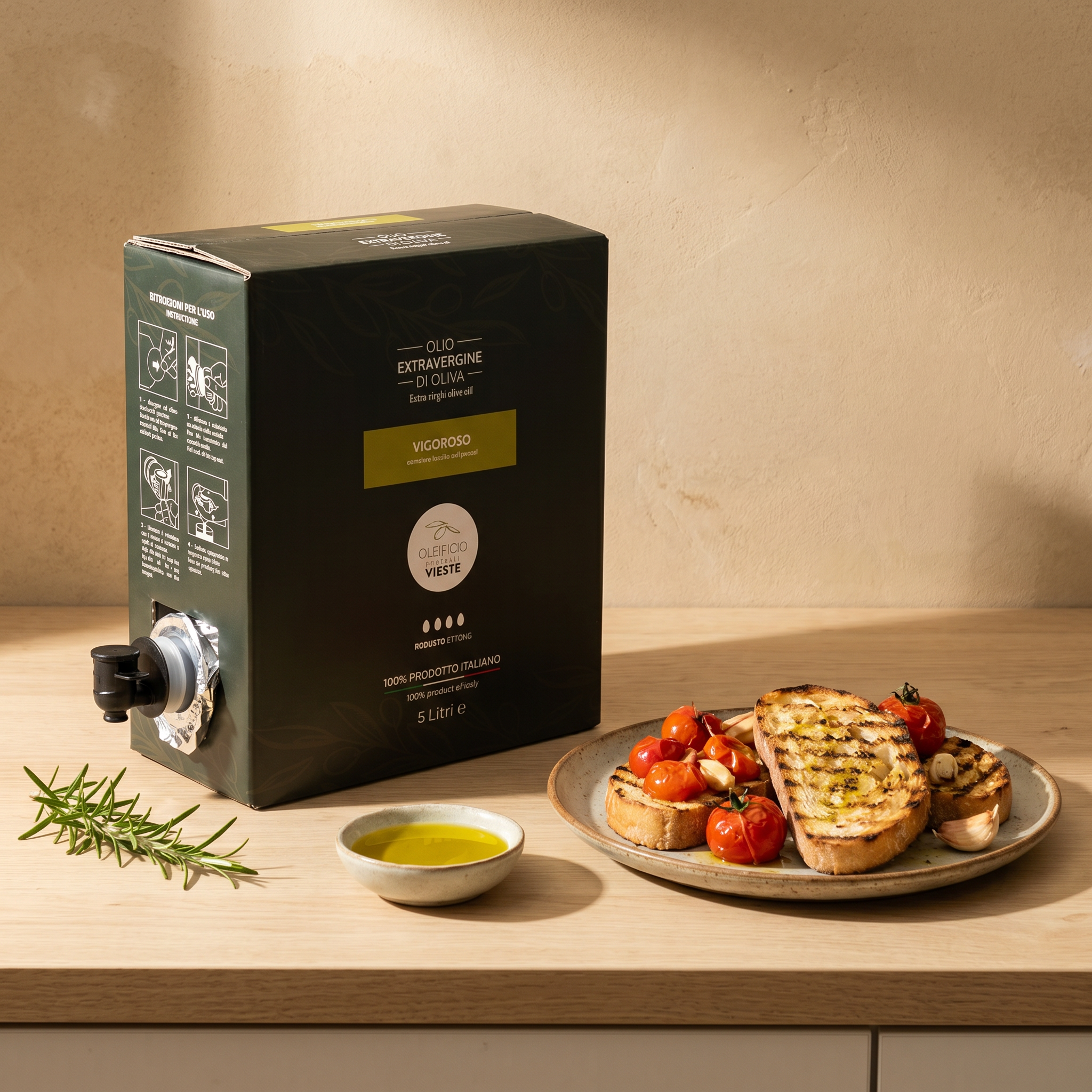 Olio extravergine di oliva Vigoroso versato su un piatto. Oleificio Fratelli Vieste