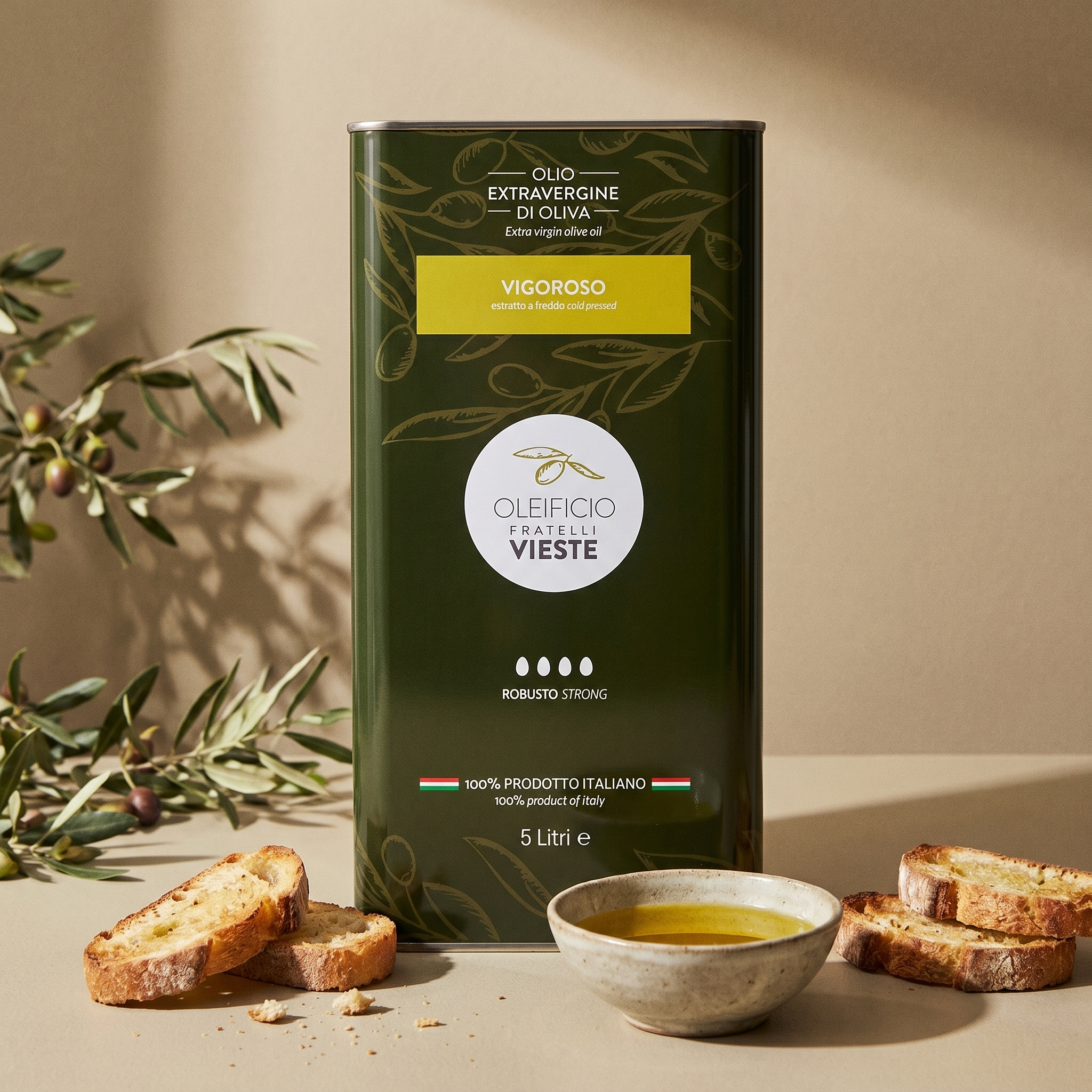 Olio extravergine di oliva Vigoroso versato su un piatto. Oleificio Fratelli Vieste