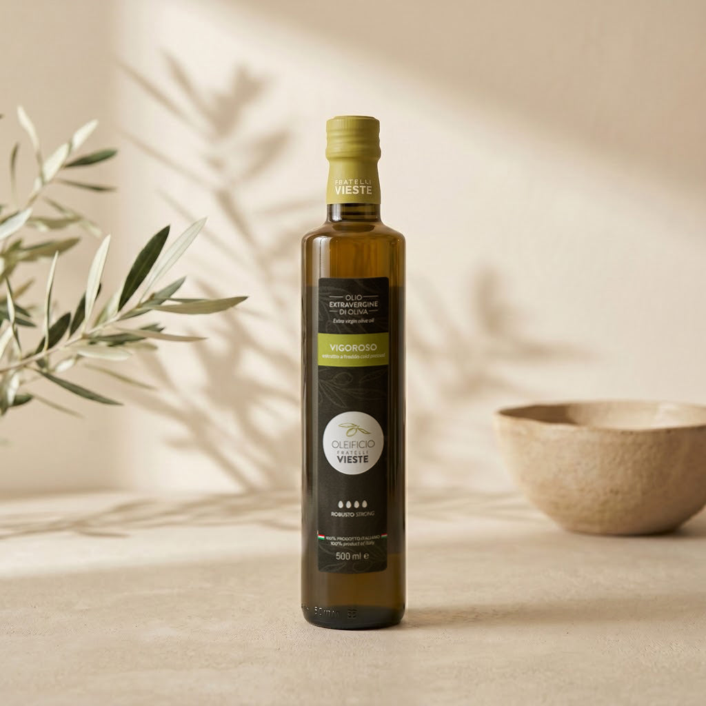 Vigoroso: olio extravergine di oliva, blend di Ogliarola Garganica e Coratina. Oleificio Fratelli Vieste