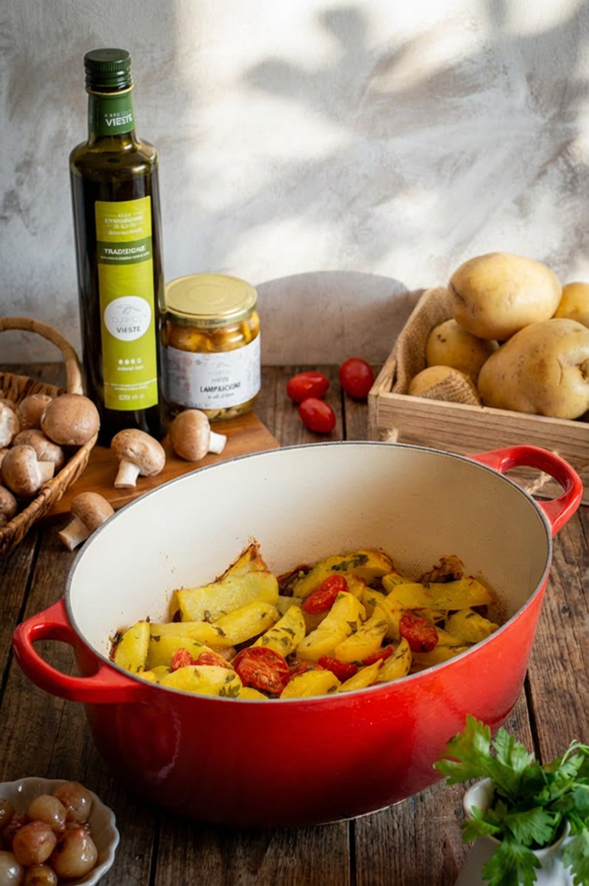 Tiella autunnale con patate, funghi e lampascioni gratinati. Oleificio Fratelli Vieste