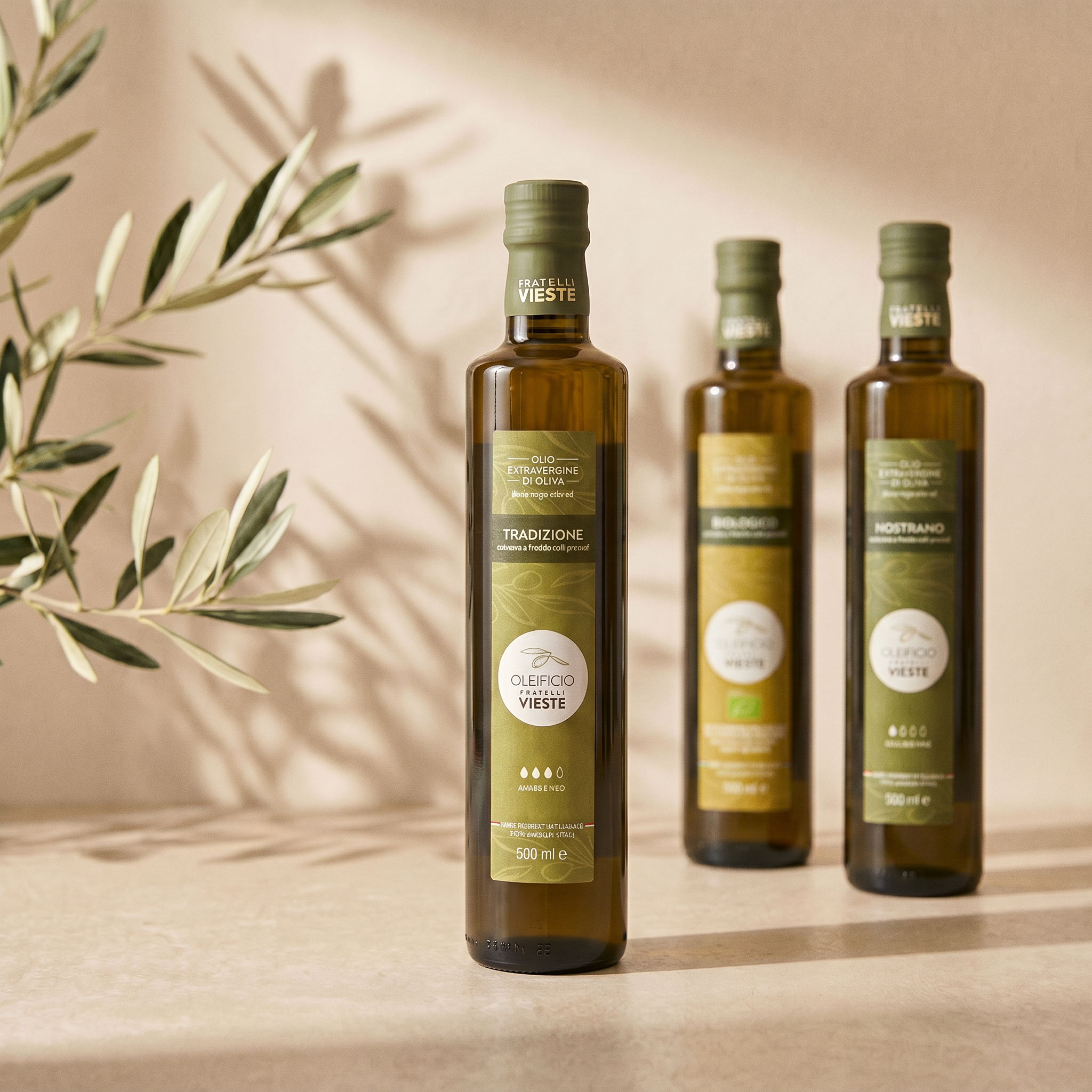Tre bottiglie di olio extravergine di oliva Oleificio Fratelli Vieste con ramo d'olivo