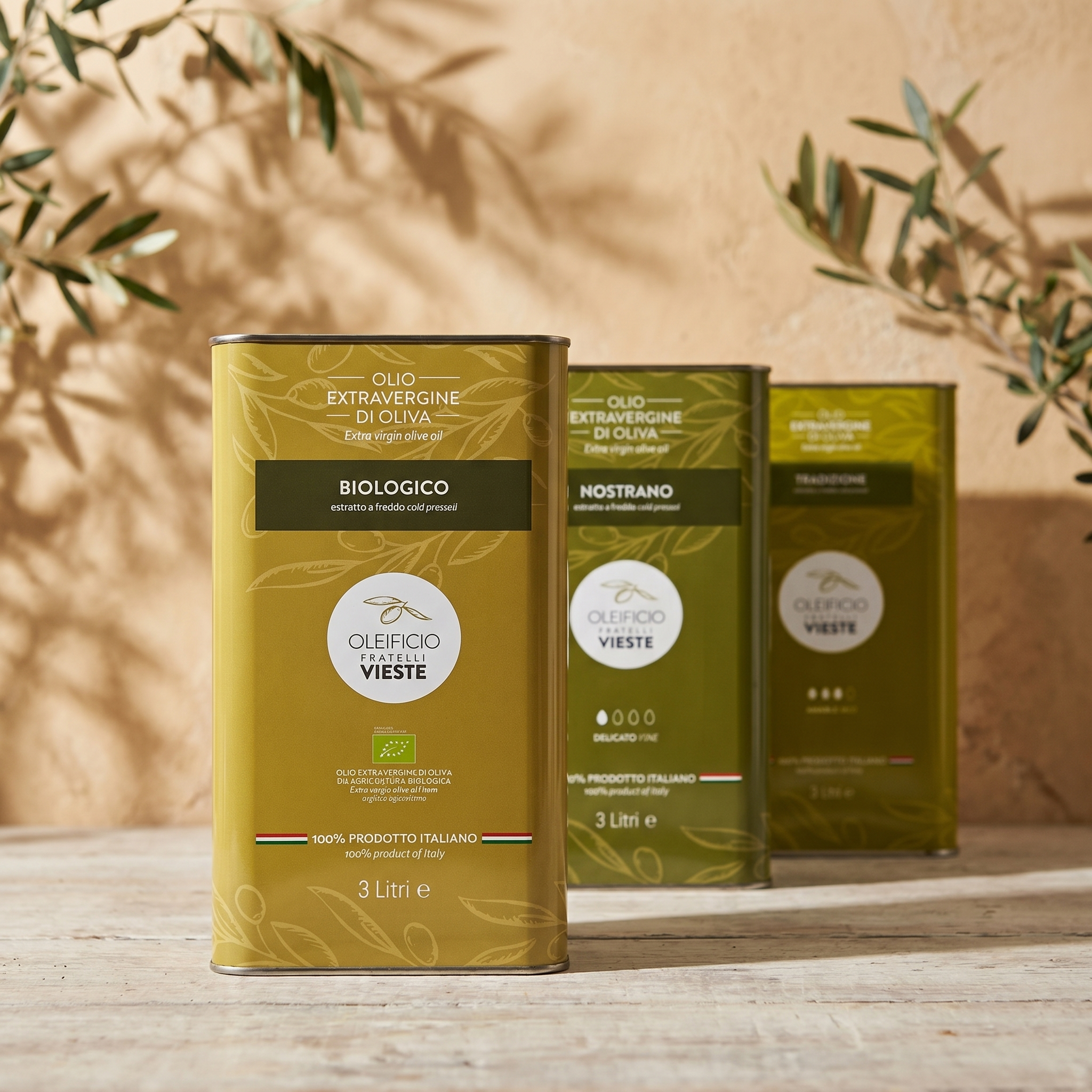 Latte da 3 litri di olio extravergine di oliva Oleificio Fratelli Vieste tra rami d'olivo