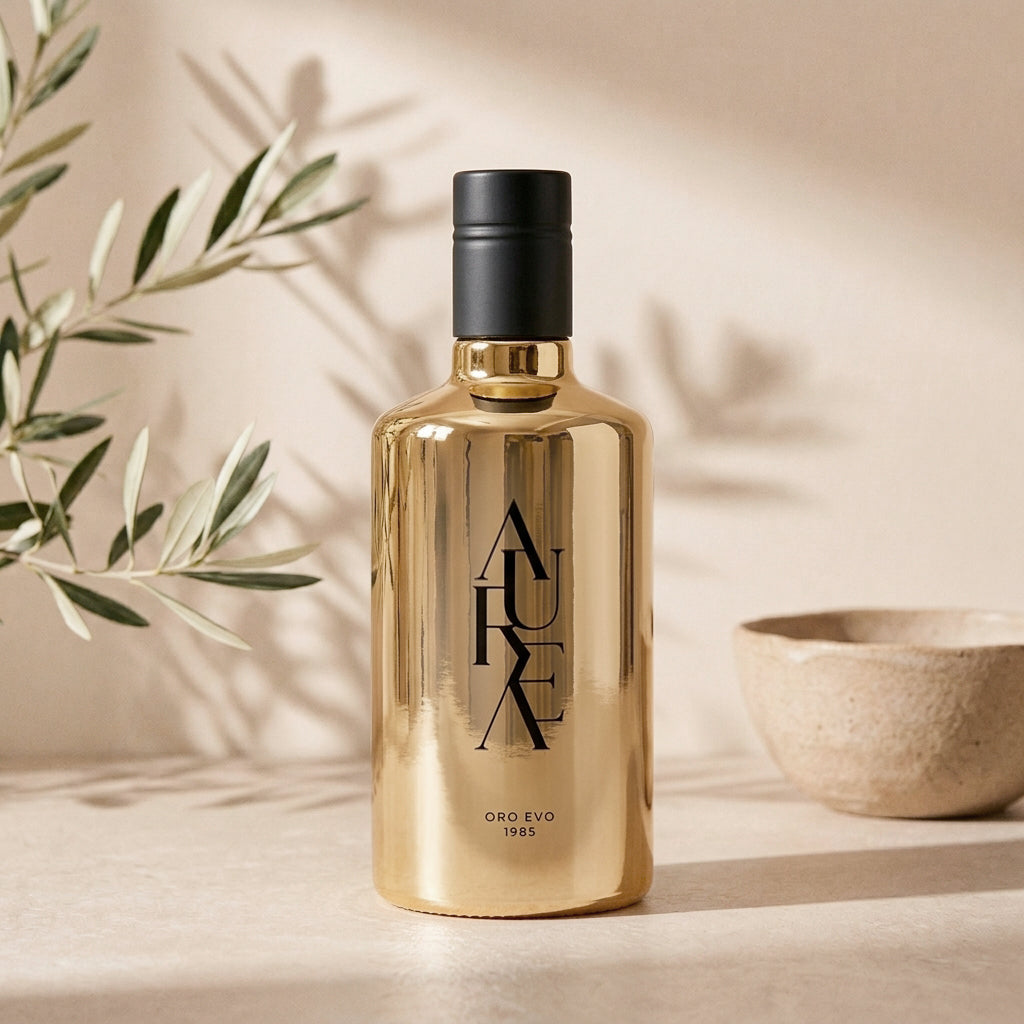 Aurea: olio extravergine di oliva da raccolta anticipata in bottiglia dorata da 500 ml. Oleificio Fratelli Vieste