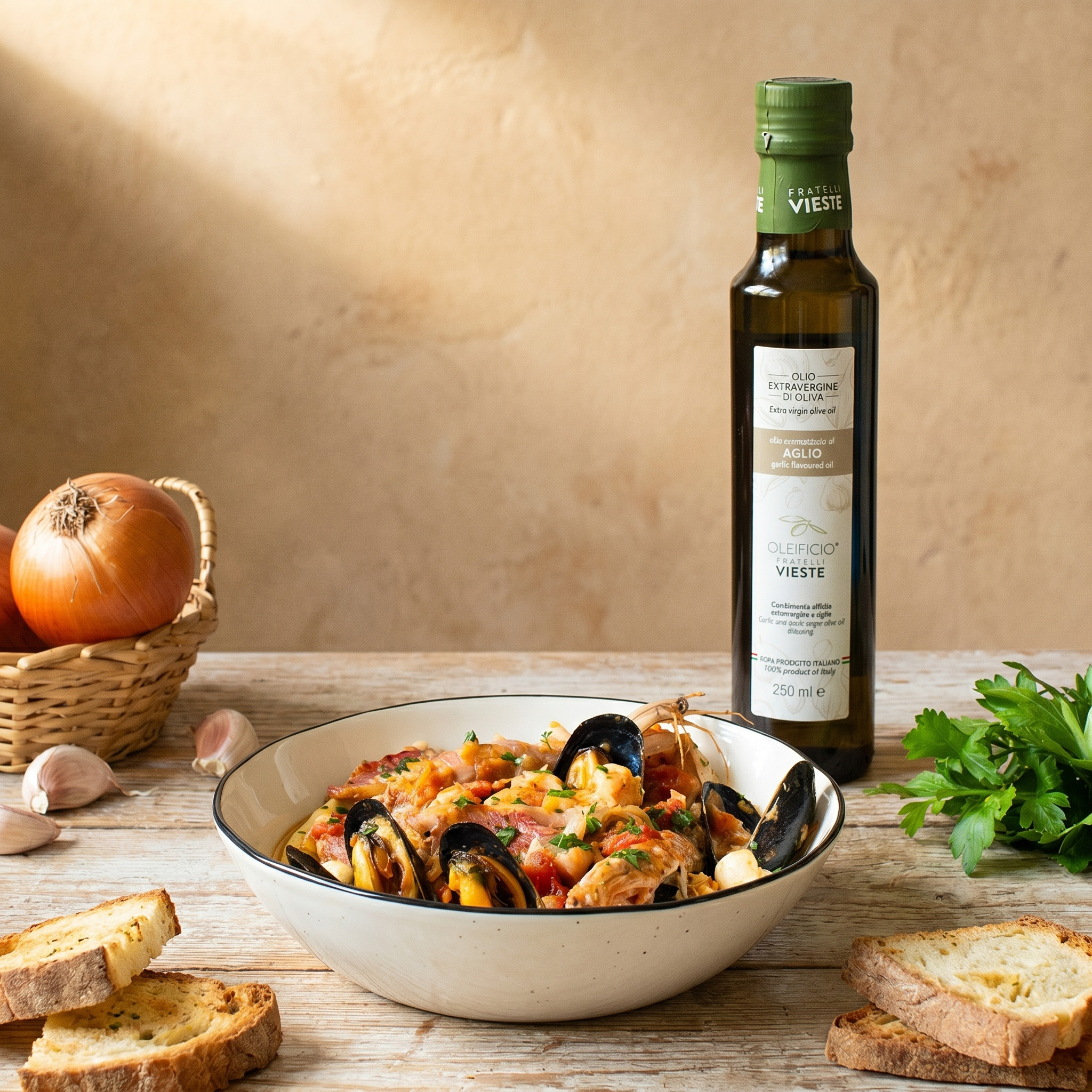 Olio aromatizzato all'aglio in una preparazione della cucina pugliese. Oleificio Fratelli Vieste