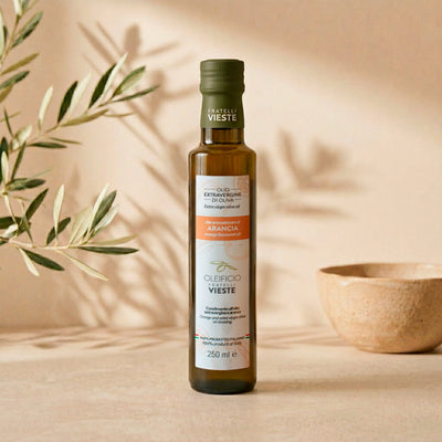 Olio extravergine di oliva aromatizzato all'arancia, bottiglia da 250 ml. Oleificio Fratelli Vieste