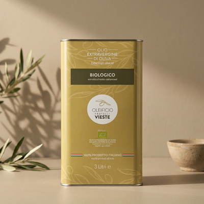 Biologico latta 3 L: olio extravergine di oliva biologico, blend di tre cultivar del Gargano. Oleificio Fratelli Vieste