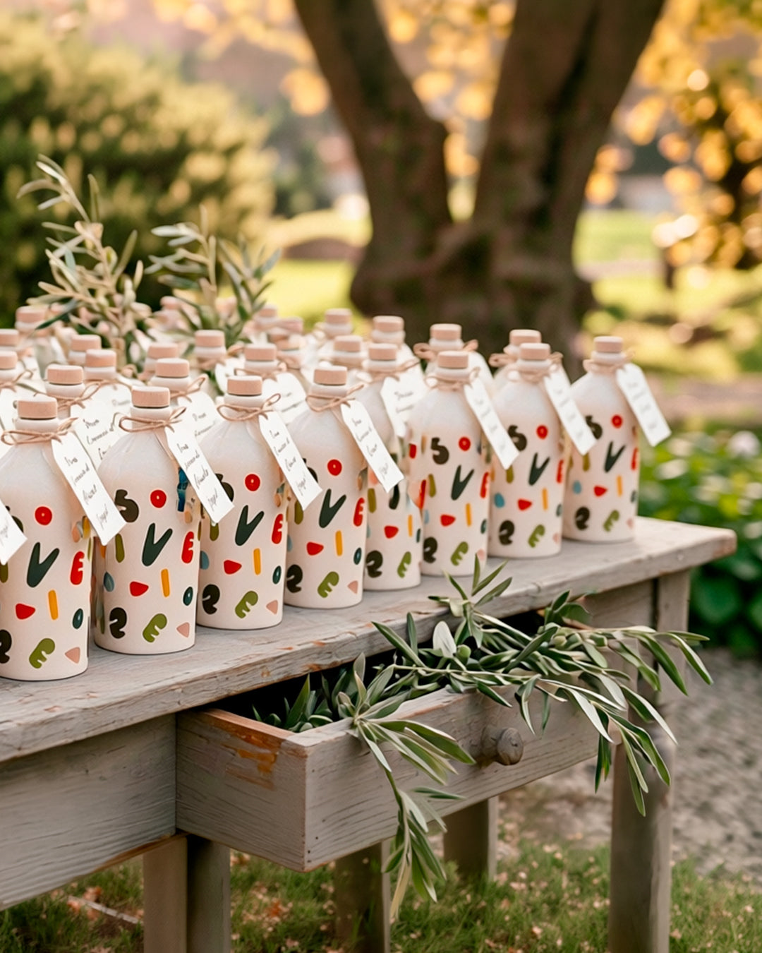Bomboniere con orci decorati Vieste per eventi, comunioni e matrimoni su un tavolo all'aperto. Oleificio Fratelli Vieste