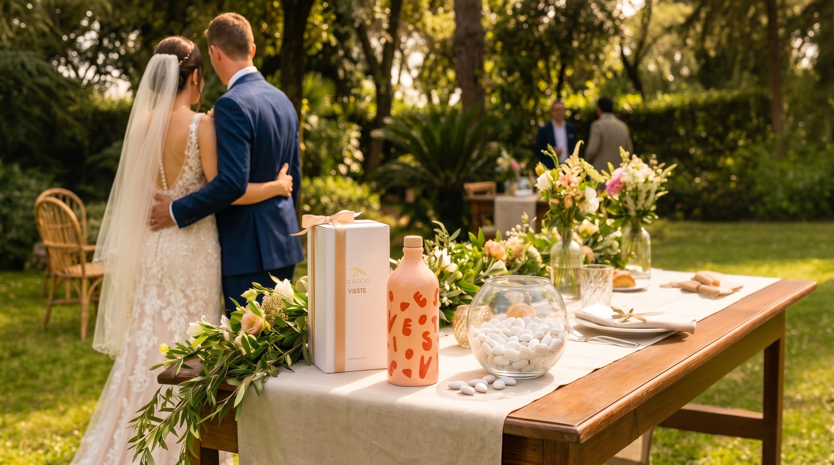 Bomboniere per matrimonio con olio extravergine e orcio decorato. Oleificio Fratelli Vieste