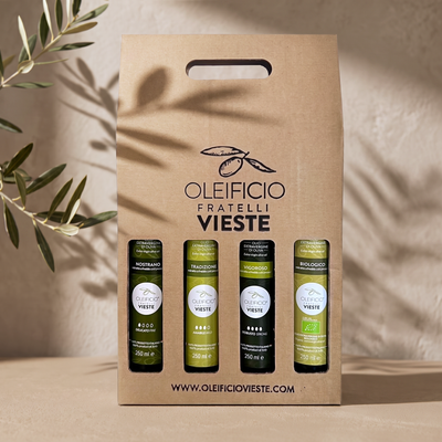 Couvette Quattro Oli: confezione regalo con quattro oli extravergine di oliva da 250 ml. Oleificio Fratelli Vieste