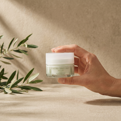 Crema anti-age viso Olea Cosmetic tenuta in mano. Oleificio Fratelli Vieste