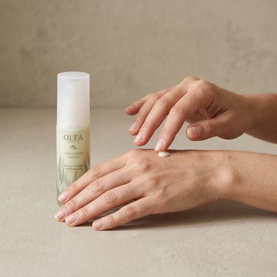 Crema contorno occhi Olea Cosmetic applicata sulla mano. Oleificio Fratelli Vieste