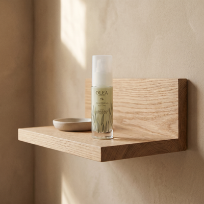 Crema contorno occhi Olea Cosmetic, gesto d'uso in ambiente bagno. Oleificio Fratelli Vieste