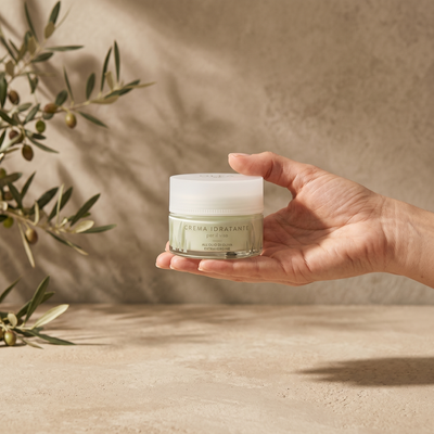 Crema idratante viso Olea Cosmetic tenuta in mano. Oleificio Fratelli Vieste