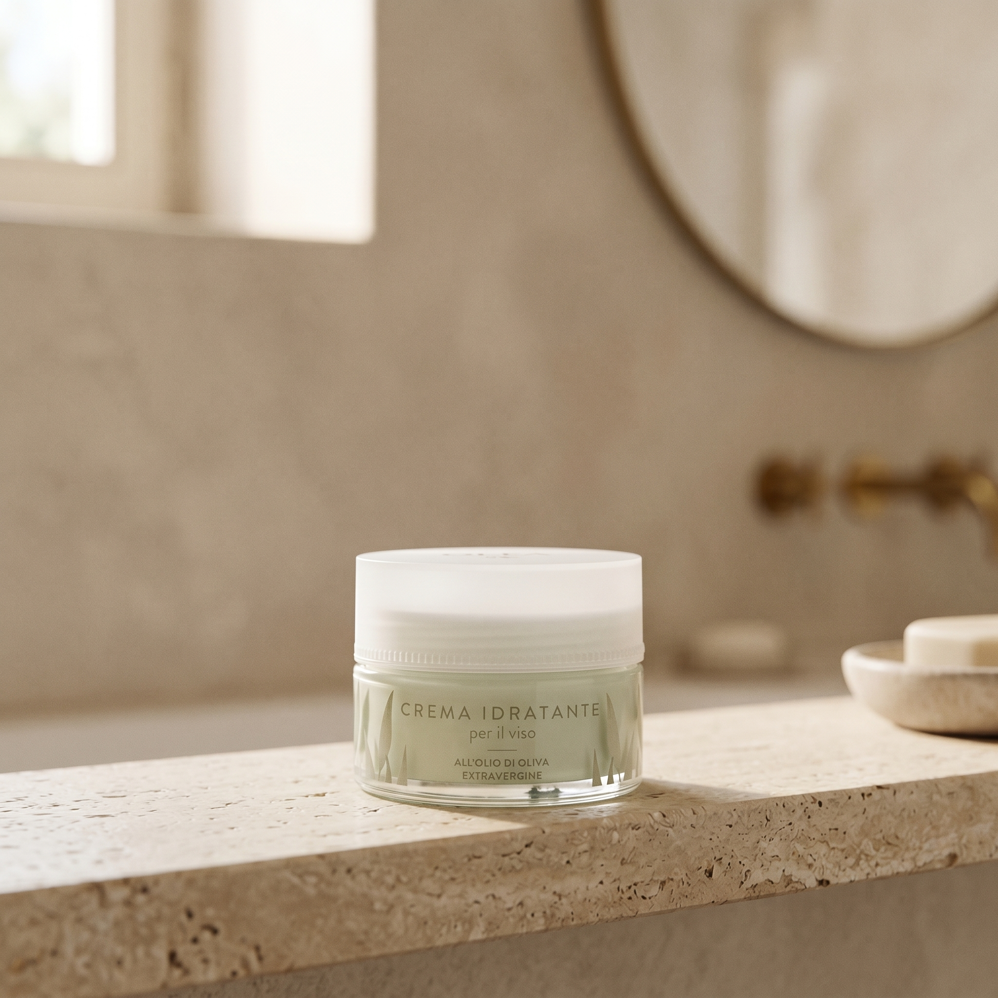 Crema idratante viso Olea Cosmetic, gesto d'uso in ambiente bagno. Oleificio Fratelli Vieste