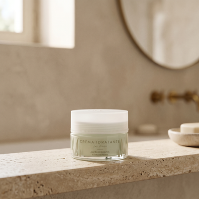 Crema idratante viso Olea Cosmetic, gesto d'uso in ambiente bagno. Oleificio Fratelli Vieste