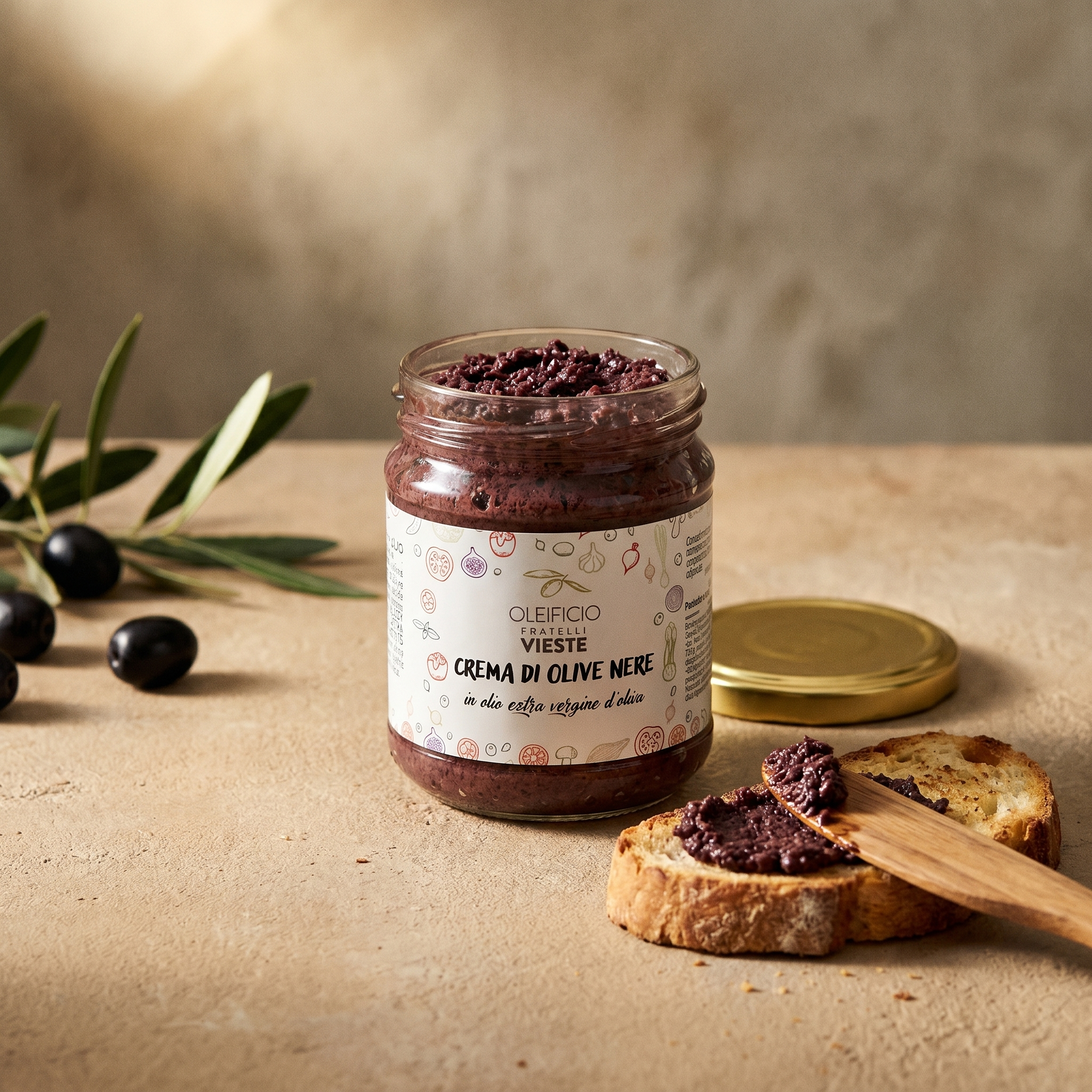 Crema di olive nere servita su crostini. Oleificio Fratelli Vieste