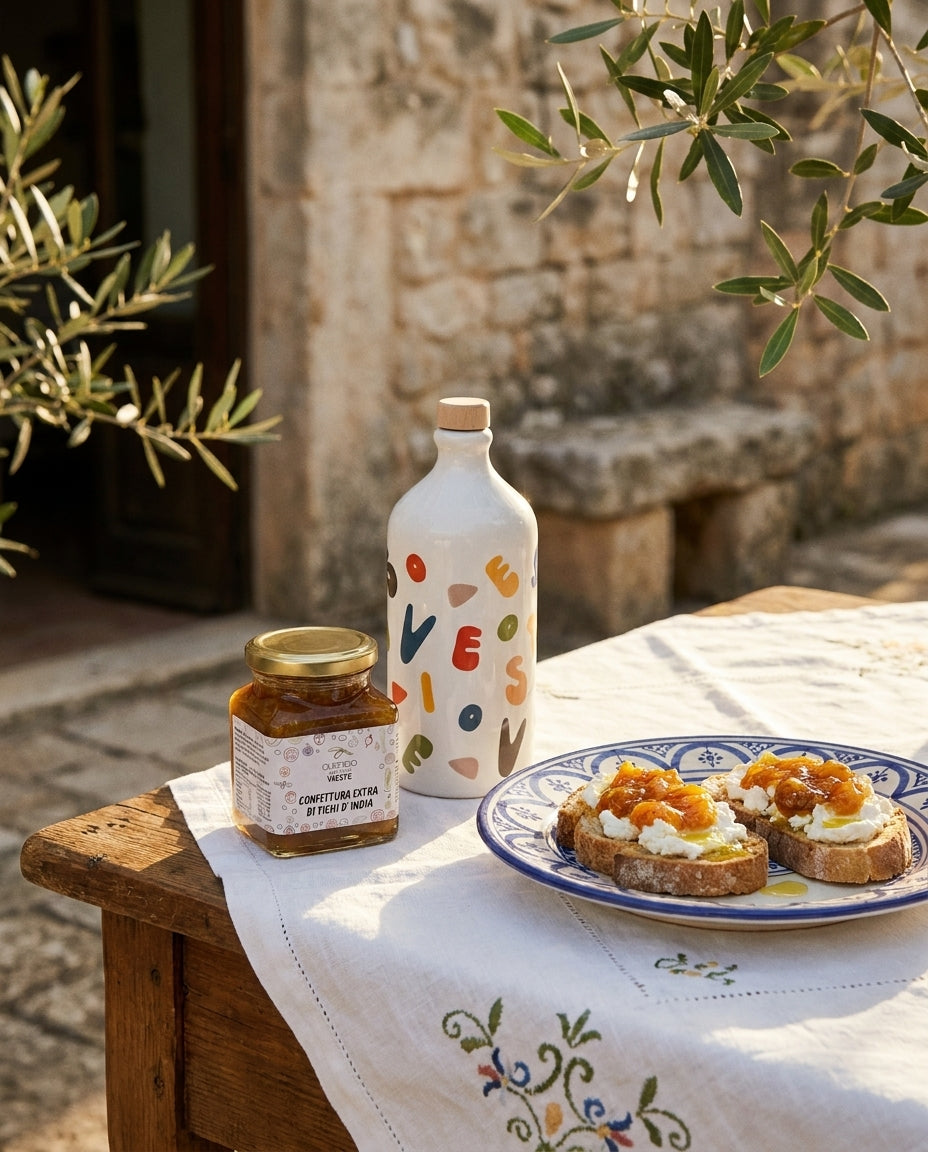 Orcio decorato Vieste con confettura di fichi d'India e bruschette con ricotta. Oleificio Fratelli Vieste