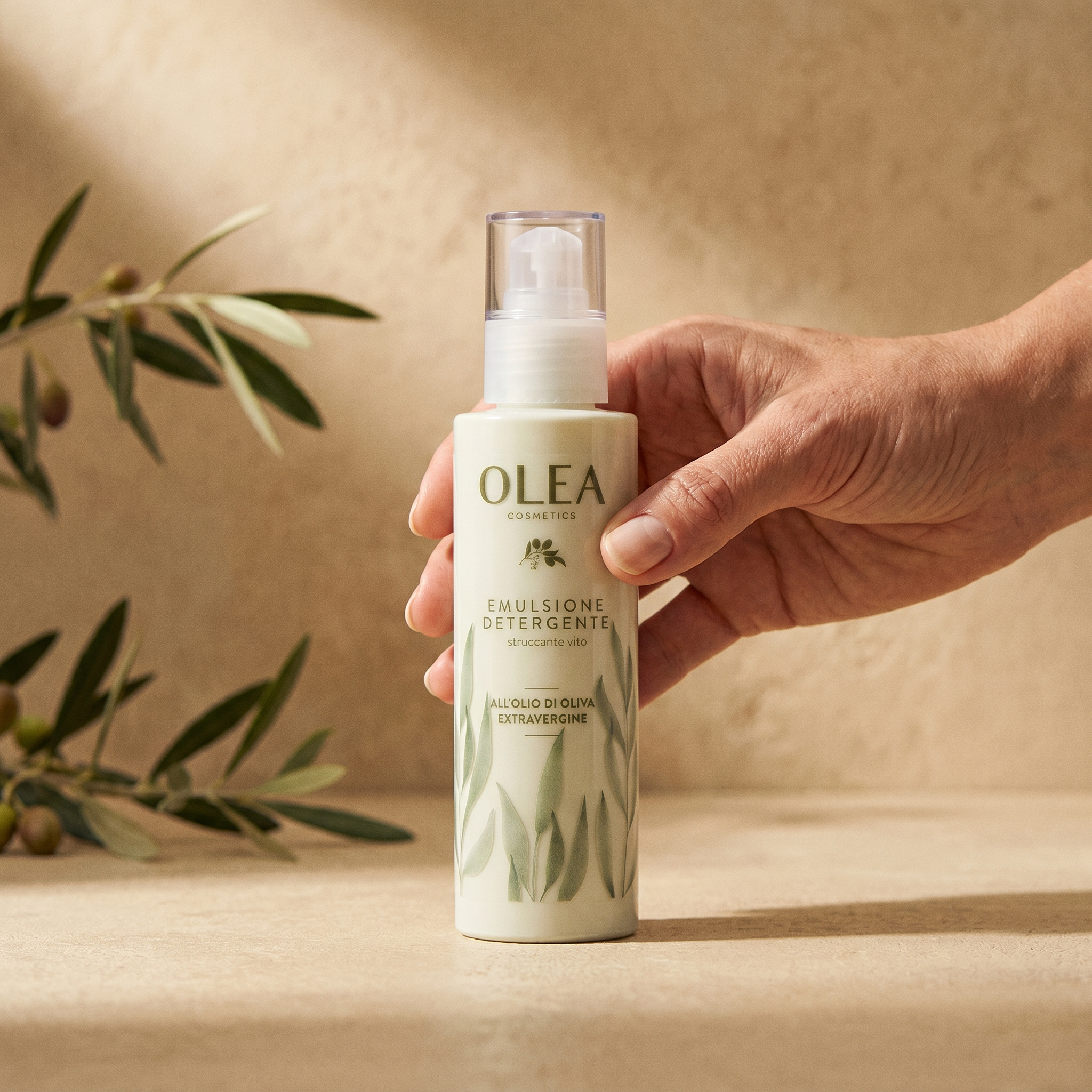 Emulsione detergente struccante viso Olea Cosmetic tenuta in mano. Oleificio Fratelli Vieste
