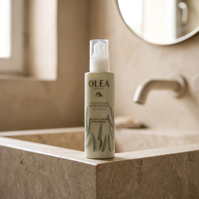 Emulsione detergente struccante viso Olea Cosmetic, gesto d'uso in ambiente bagno. Oleificio Fratelli Vieste