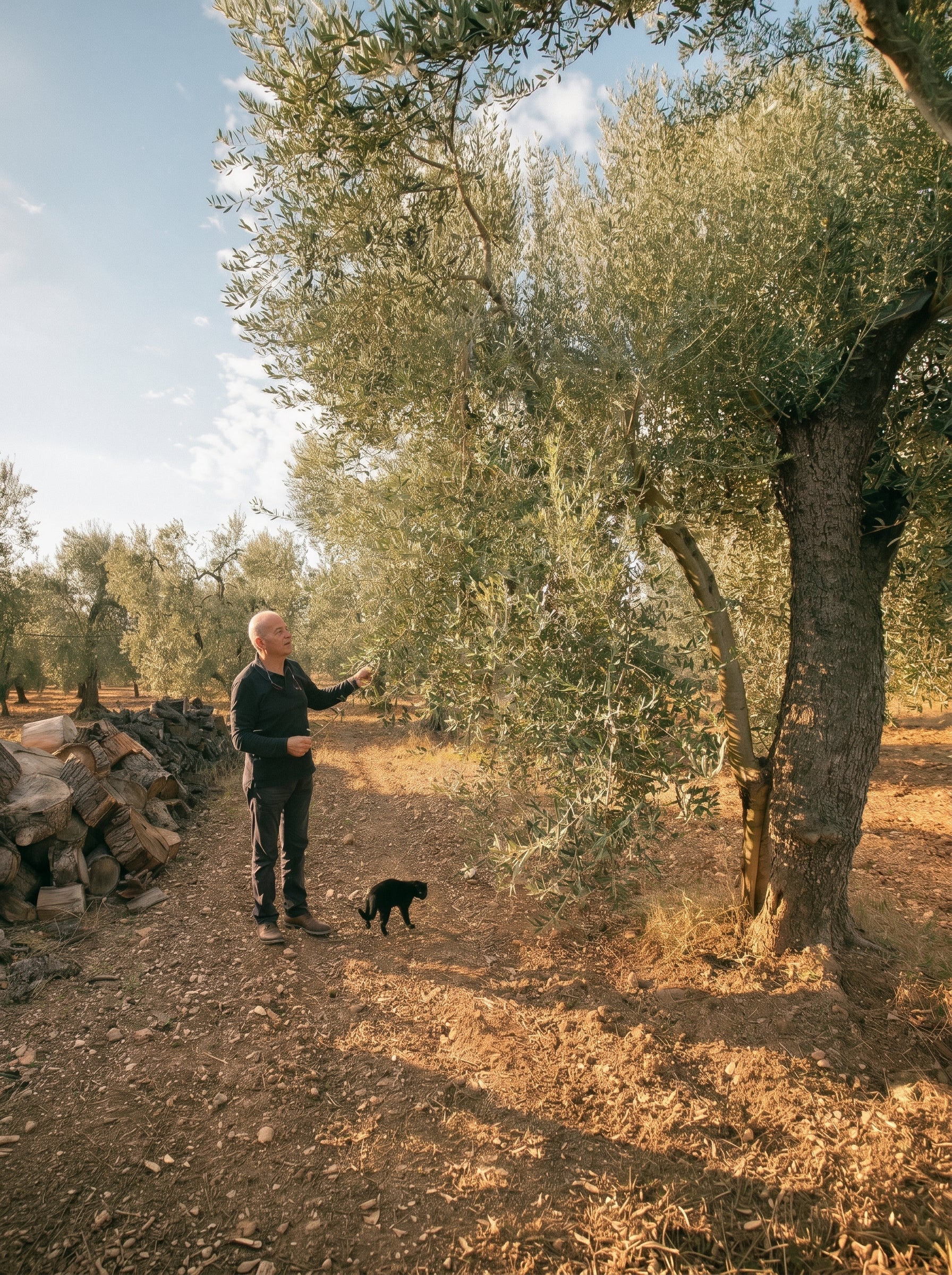Olivicoltore tra gli ulivi del Gargano che controlla le olive sulla pianta al tramonto