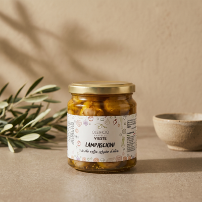 Lampascioni sott'olio del Gargano in vasetto di vetro. Oleificio Fratelli Vieste
