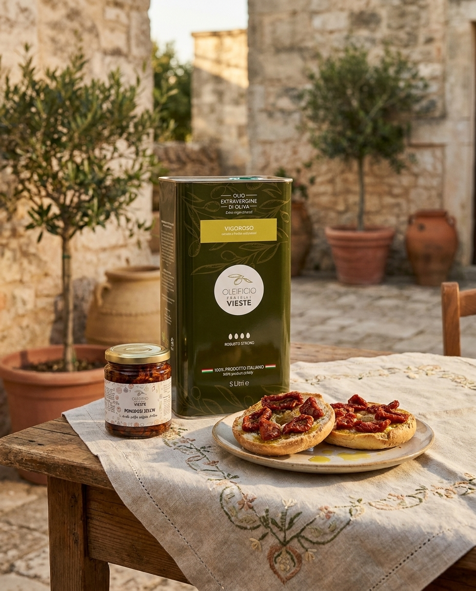 Latta di olio extravergine e pomodori secchi Vieste con bruschette. Oleificio Fratelli Vieste