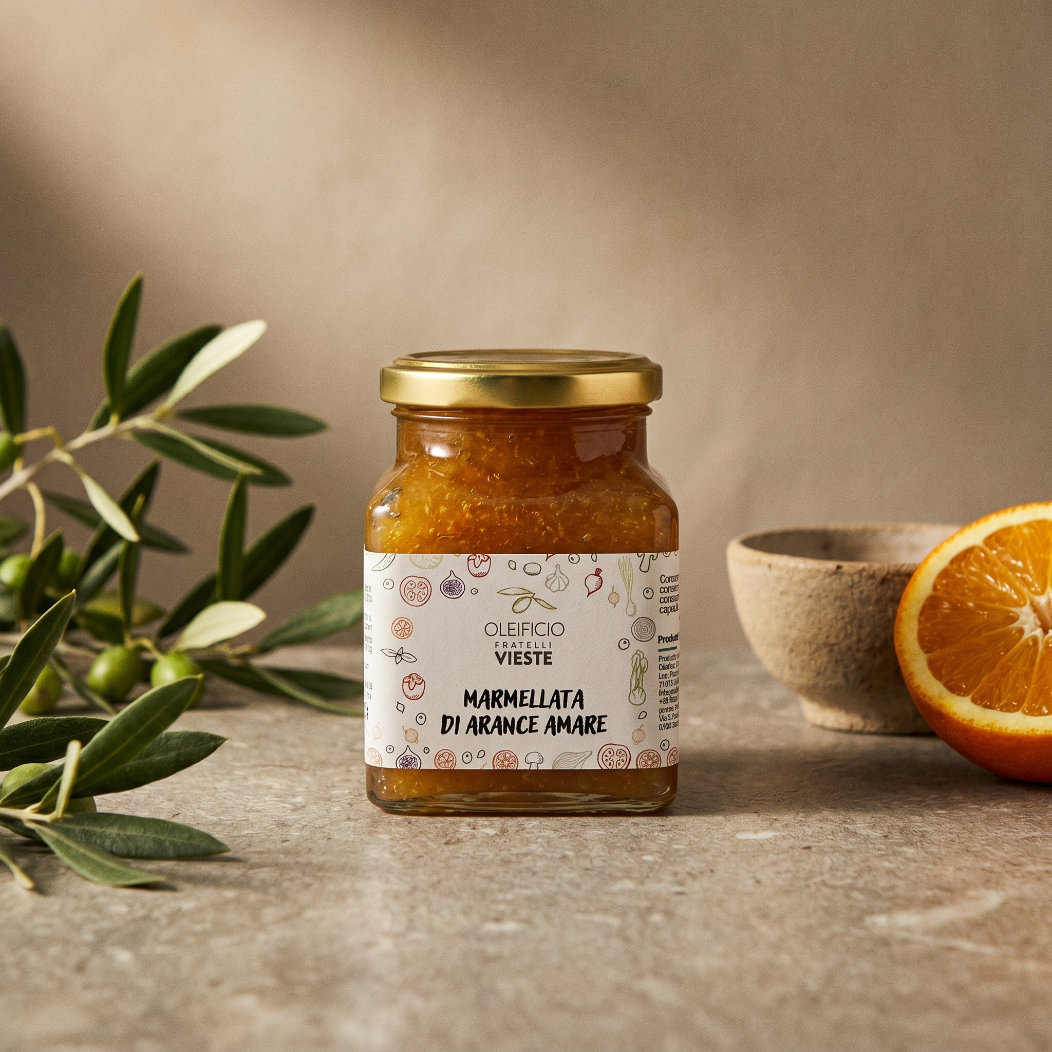 Marmellata di arance amare del Gargano in vasetto di vetro. Oleificio Fratelli Vieste