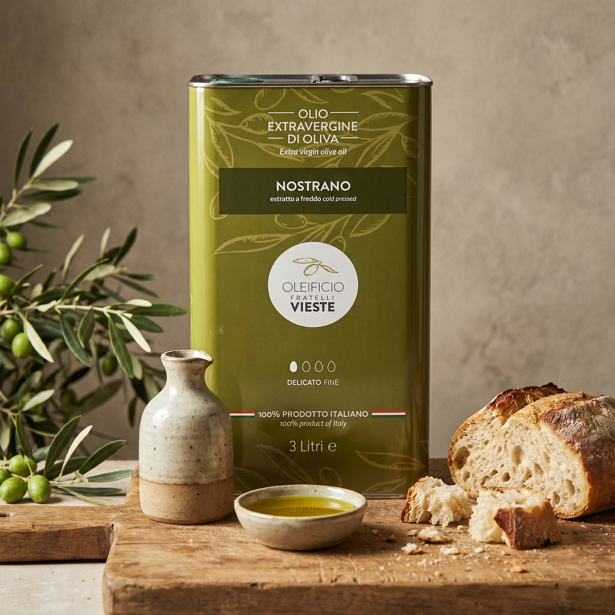 Olio extravergine di oliva Nostrano versato su un piatto. Oleificio Fratelli Vieste