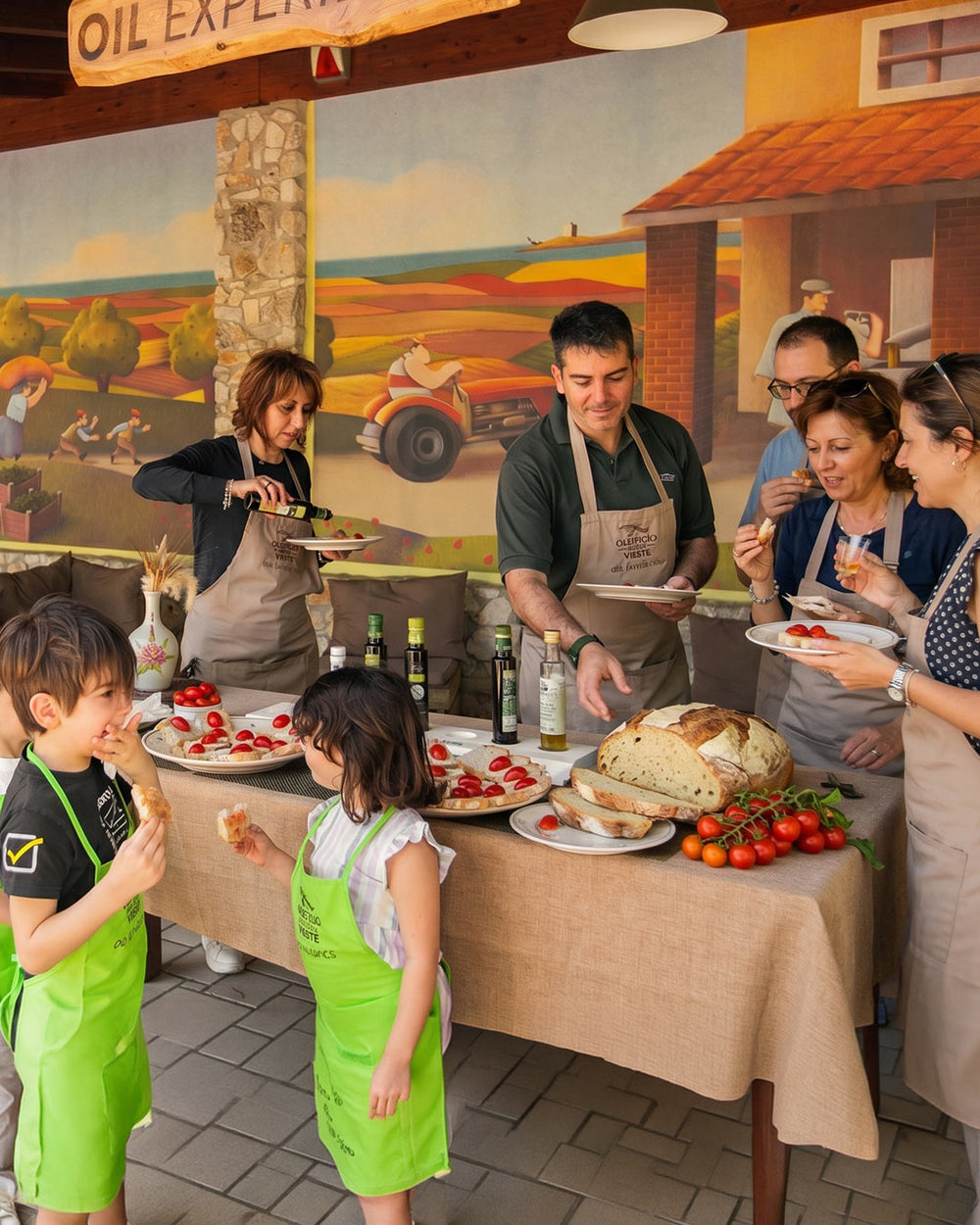 Gruppo durante l'Oil Experience gratuita con degustazione di olio e bruschette. Oleificio Fratelli Vieste