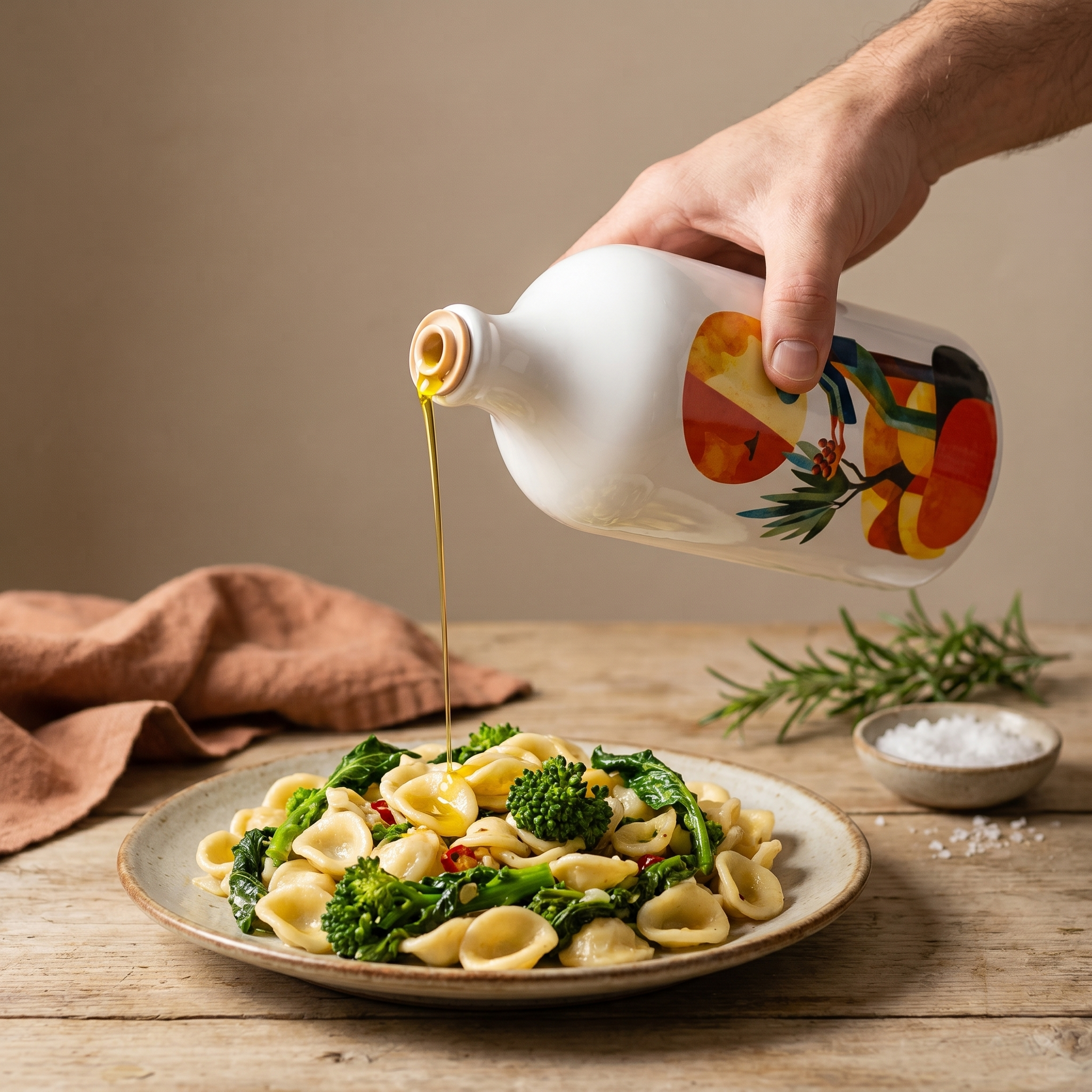 Olio extravergine di oliva dell'Orcio 40 Raccolti versato su un piatto. Oleificio Fratelli Vieste