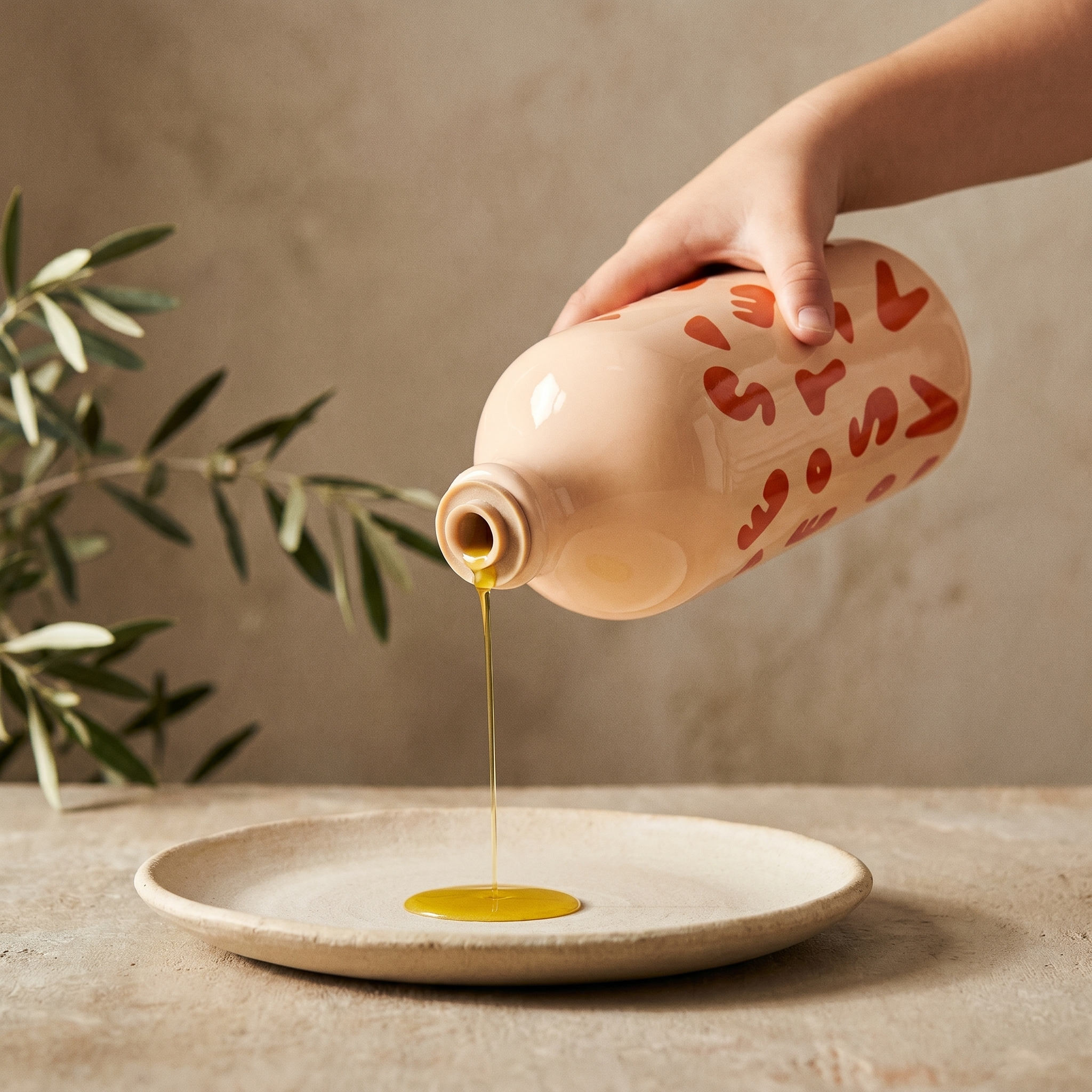 Olio extravergine di oliva versato a mano dall'Orcio Alba Colorful. Oleificio Fratelli Vieste