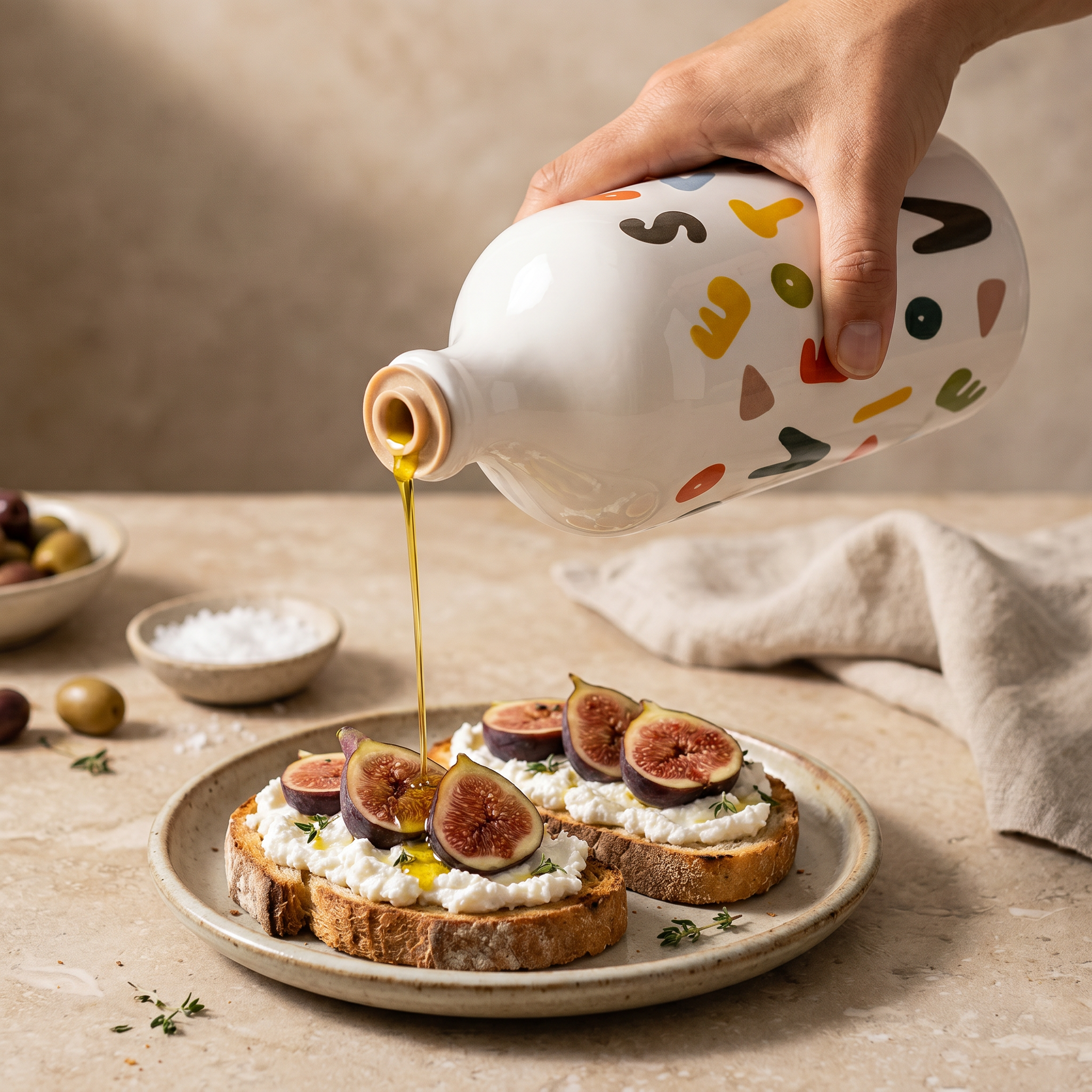 Olio extravergine dell'Orcio Donzella versato su un piatto. Oleificio Fratelli Vieste