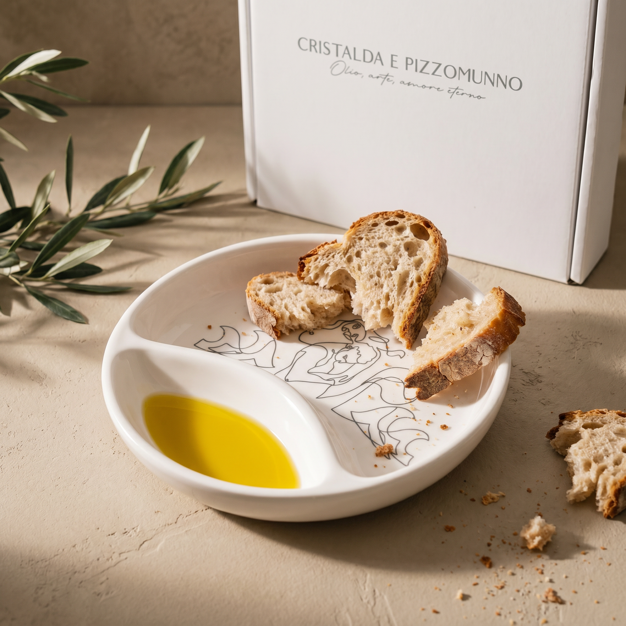 Piattino degustazione Cristalda e Pizzomunno con olio per la degustazione. Oleificio Fratelli Vieste