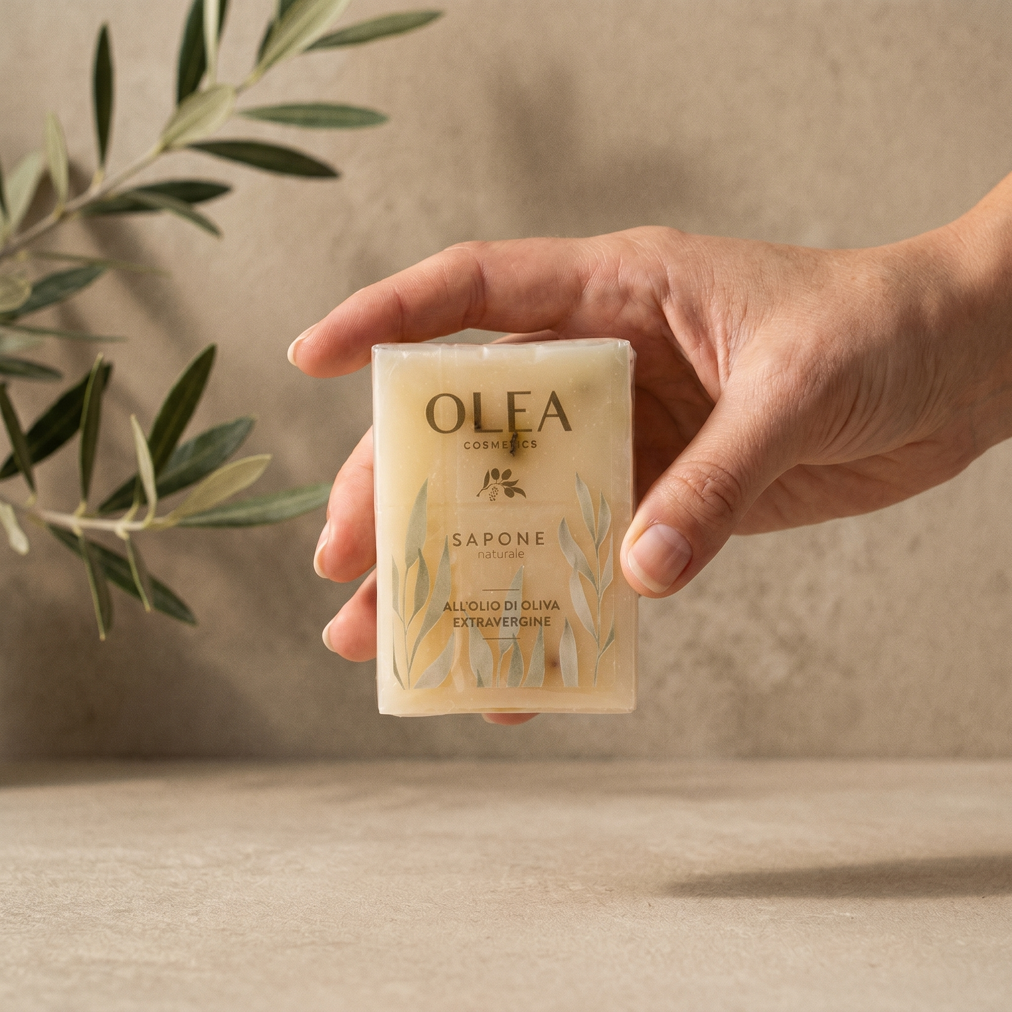 Sapone naturale Olea Cosmetic tenuto in mano. Oleificio Fratelli Vieste