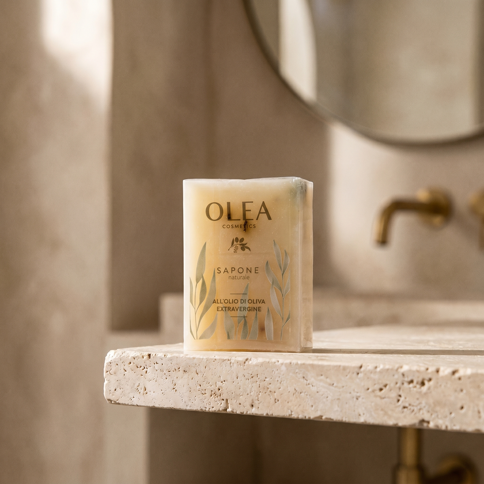 Sapone naturale Olea Cosmetic, gesto d'uso in ambiente bagno. Oleificio Fratelli Vieste